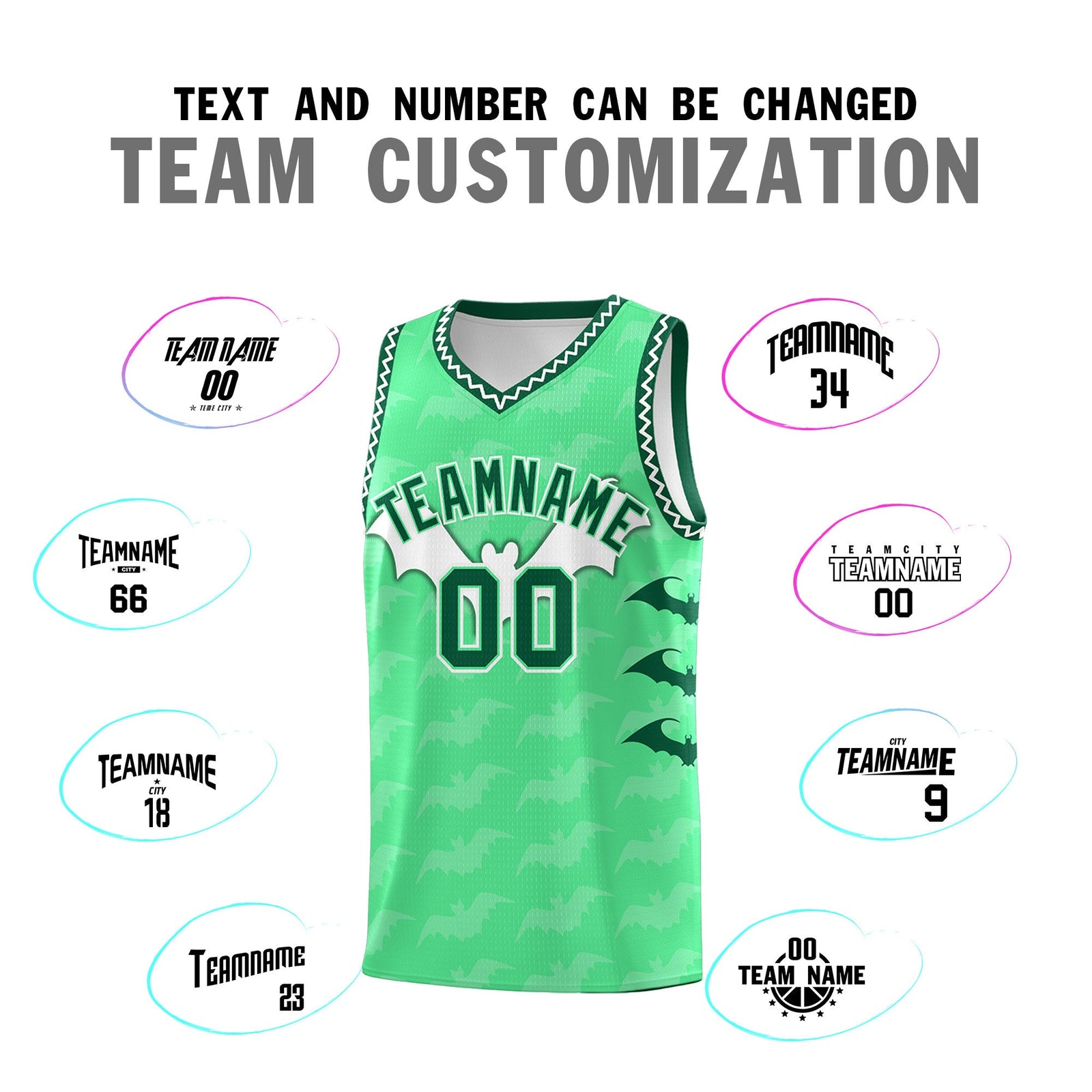 Custom Green White Bat Pattern Halloween Basketball Jersey | For Men,For Kid,For Youth,Sublimation Printed,Perfect for Training,Perfect for Parties,Add Name and Numbern | KXKSHOP