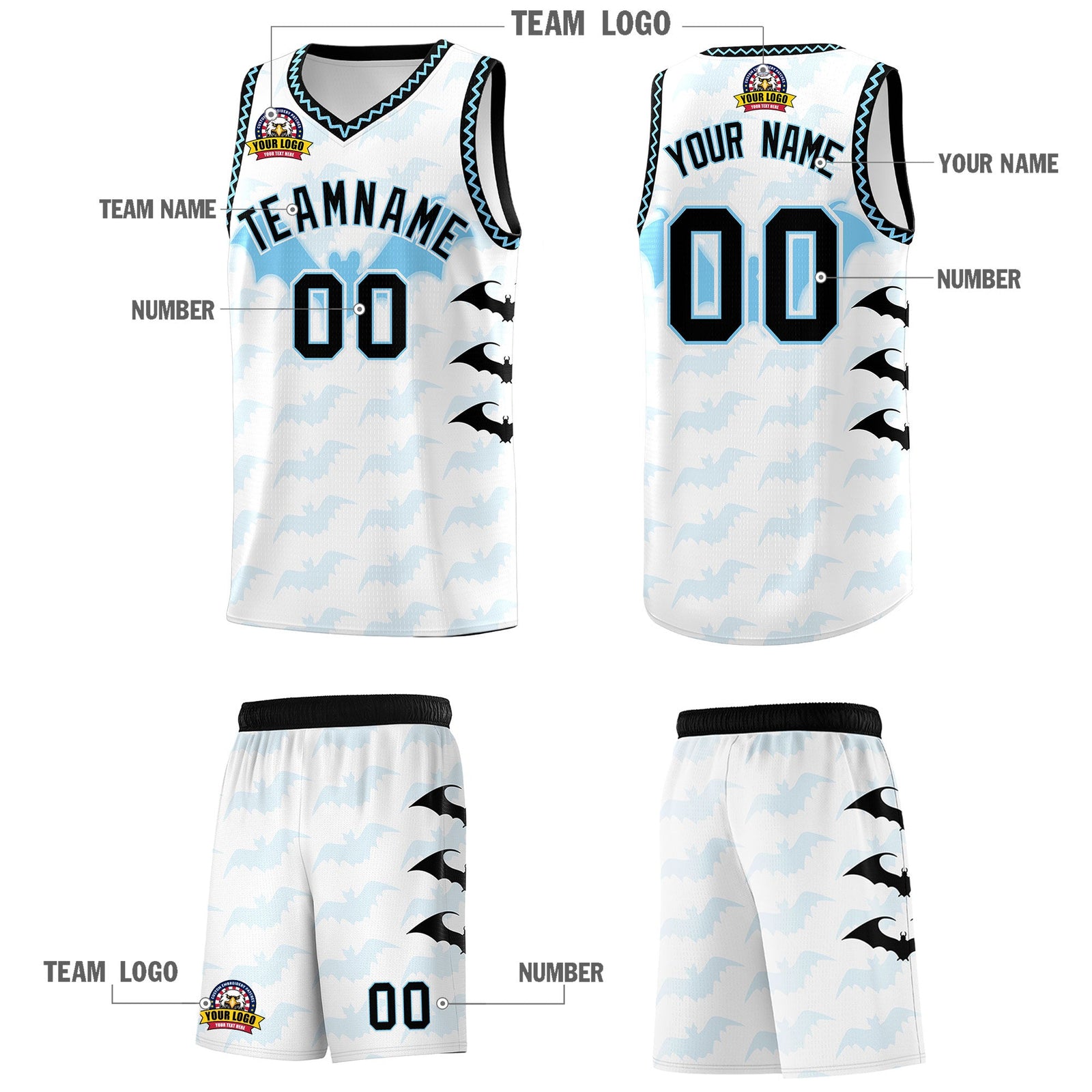 Custom White Light Blue Bat Pattern Halloween Basketball Jersey | For Men,For Kid,For Youth,Sublimation Printed,Perfect for Training,Perfect for Parties,Add Name and Numbern | KXKSHOP