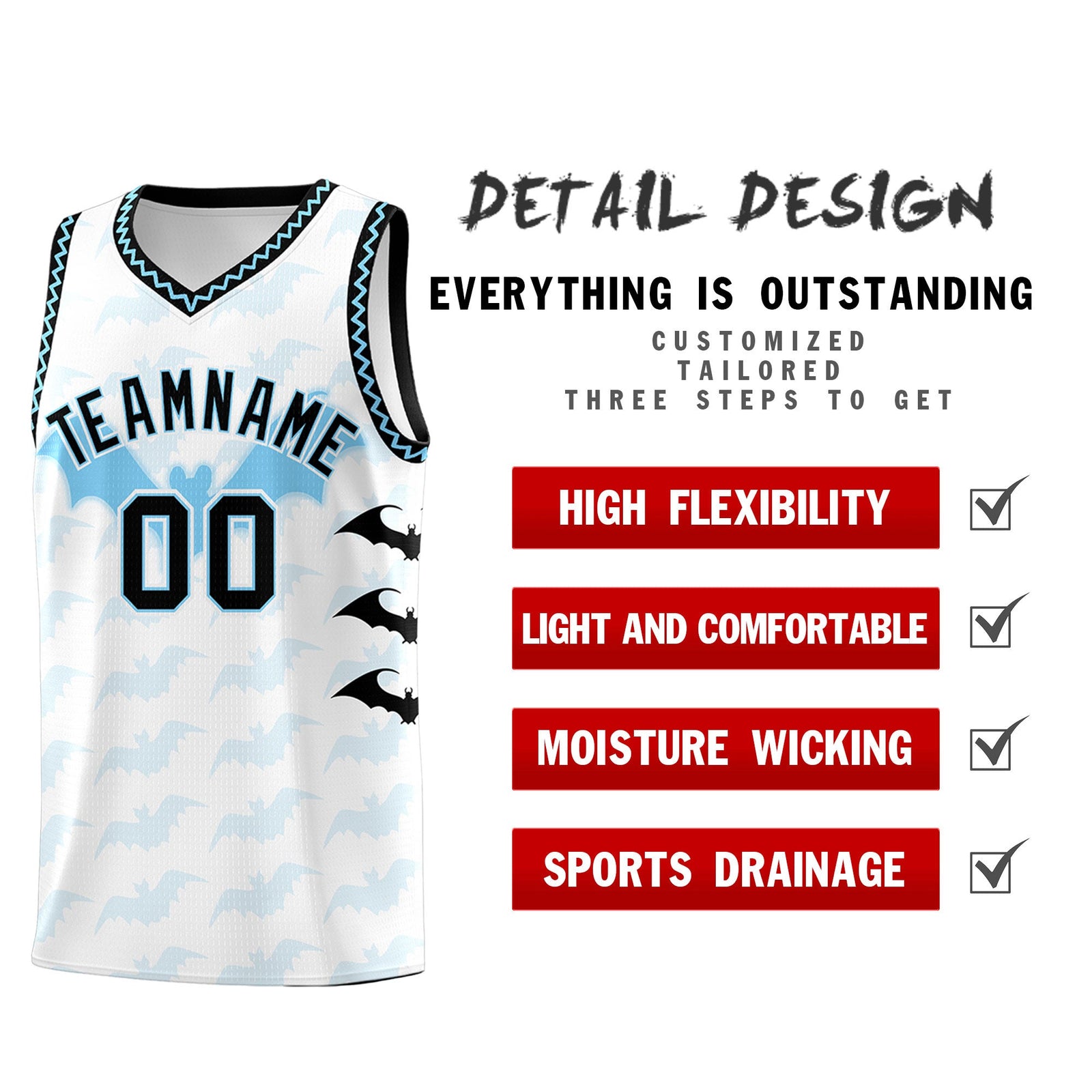 Custom White Light Blue Bat Pattern Halloween Basketball Jersey | For Men,For Kid,For Youth,Sublimation Printed,Perfect for Training,Perfect for Parties,Add Name and Numbern | KXKSHOP