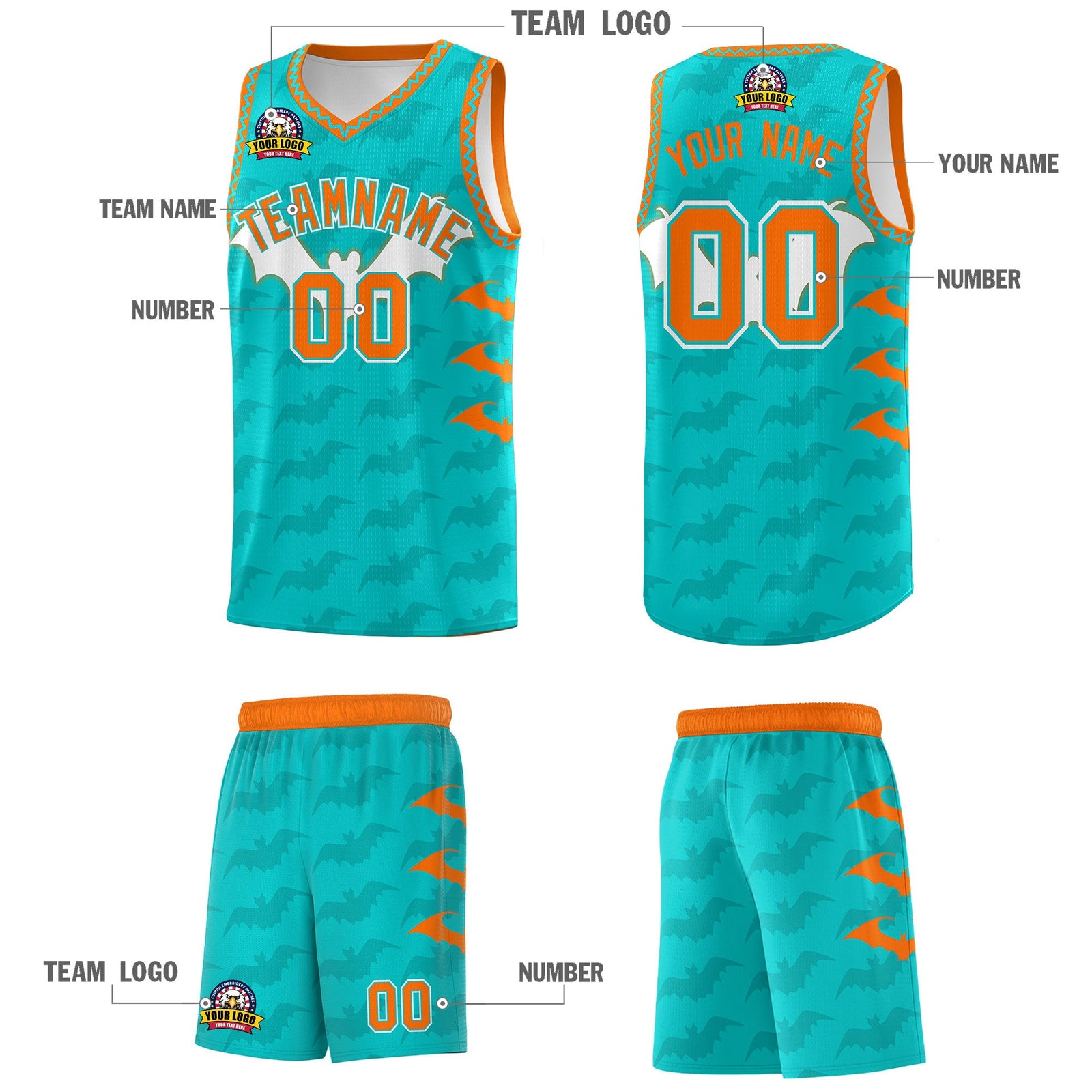 Custom Aqua Orange Bat Pattern Halloween Basketball Jersey | For Men,For Kid,For Youth,Sublimation Printed,Perfect for Training,Perfect for Parties,Add Name and Numbern | KXKSHOP