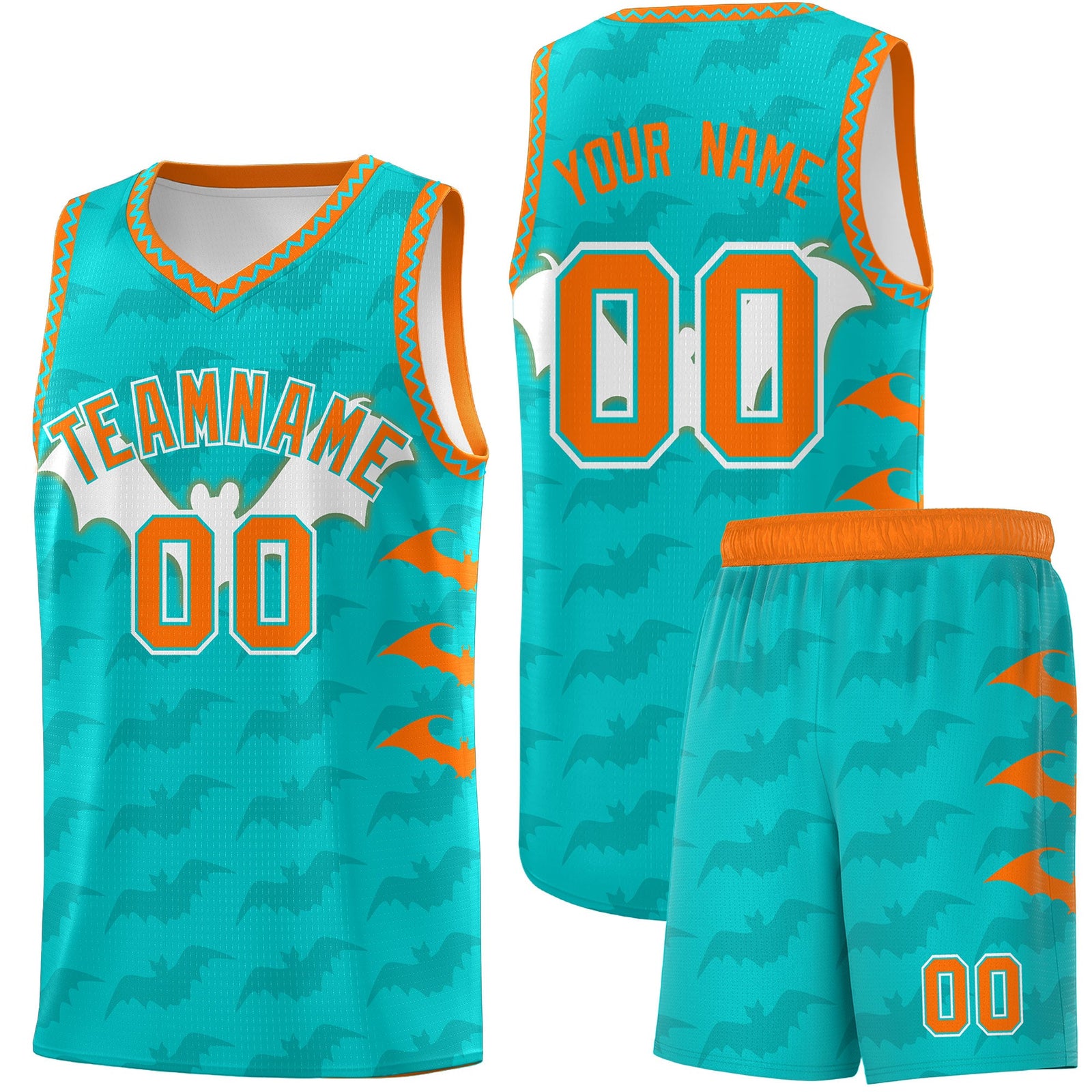 Custom Aqua Orange Bat Pattern Halloween Basketball Jersey | For Men,For Kid,For Youth,Sublimation Printed,Perfect for Training,Perfect for Parties,Add Name and Numbern | KXKSHOP