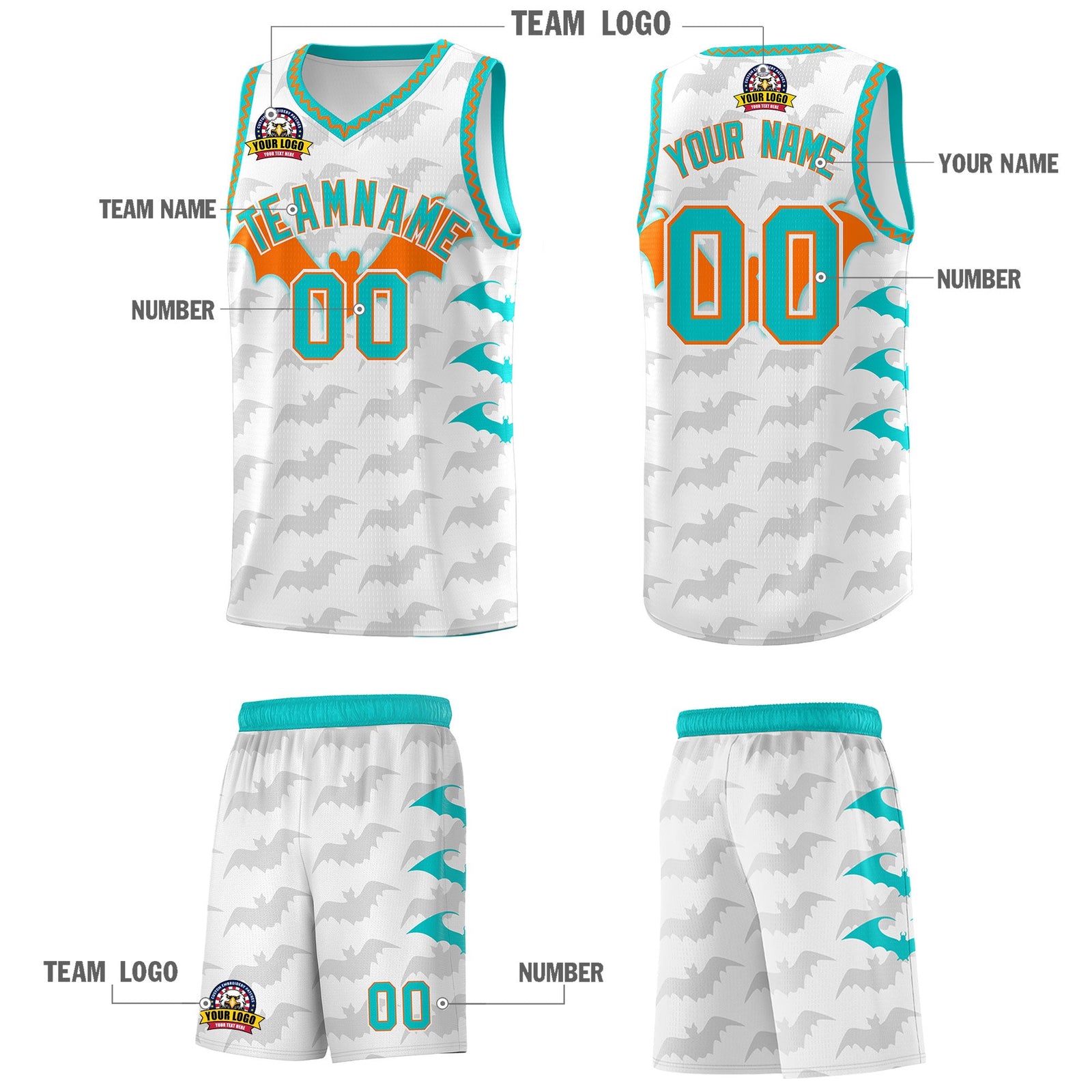 Custom White Orange Aqua Bat Pattern Halloween Basketball Jersey | For Men,For Kid,For Youth,Sublimation Printed,Perfect for Training,Perfect for Parties,Add Name and Numbern | KXKSHOP