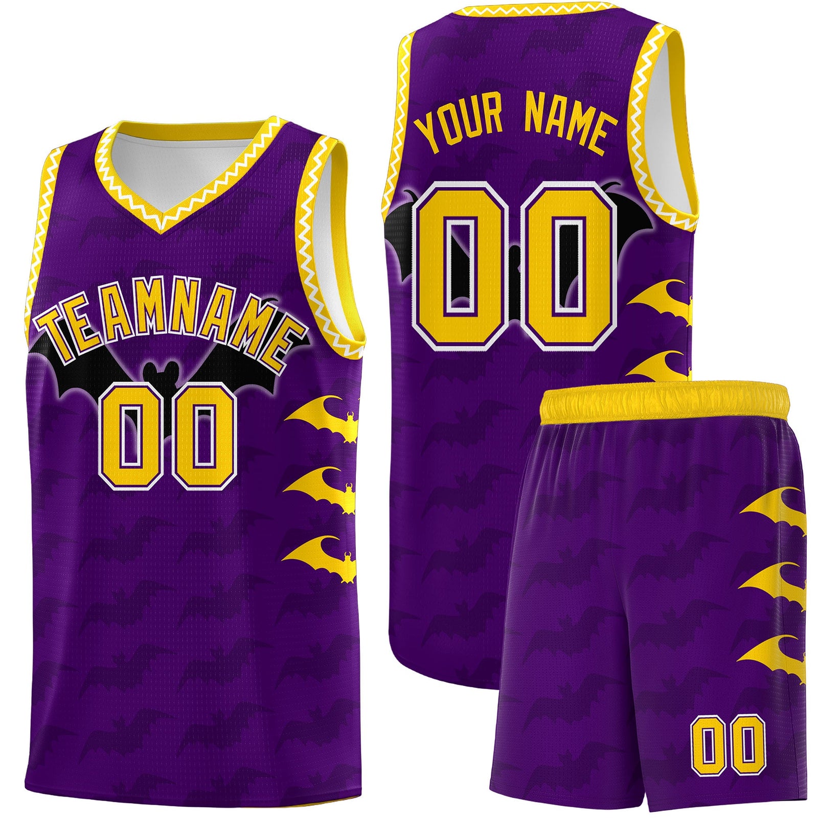 Custom Purple Gold White Bat Pattern Halloween Basketball Jersey | For Men,For Kid,For Youth,Sublimation Printed,Perfect for Training,Perfect for Parties,Add Name and Numbern | KXKSHOP