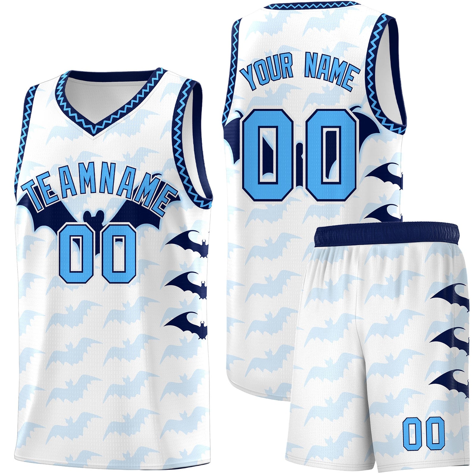 Custom White Powder Blue Bat Pattern Halloween Basketball Jersey | For Men,For Kid,For Youth,Sublimation Printed,Perfect for Training,Perfect for Parties,Add Name and Numbern | KXKSHOP
