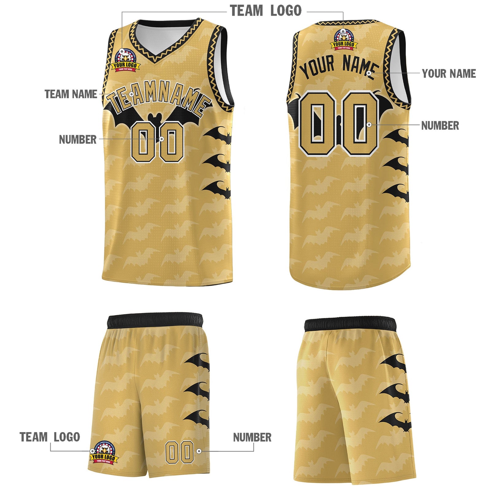 Custom Old Gold Black White Bat Pattern Halloween Basketball Jersey | For Men,For Kid,For Youth,Sublimation Printed,Perfect for Training,Perfect for Parties,Add Name and Numbern | KXKSHOP