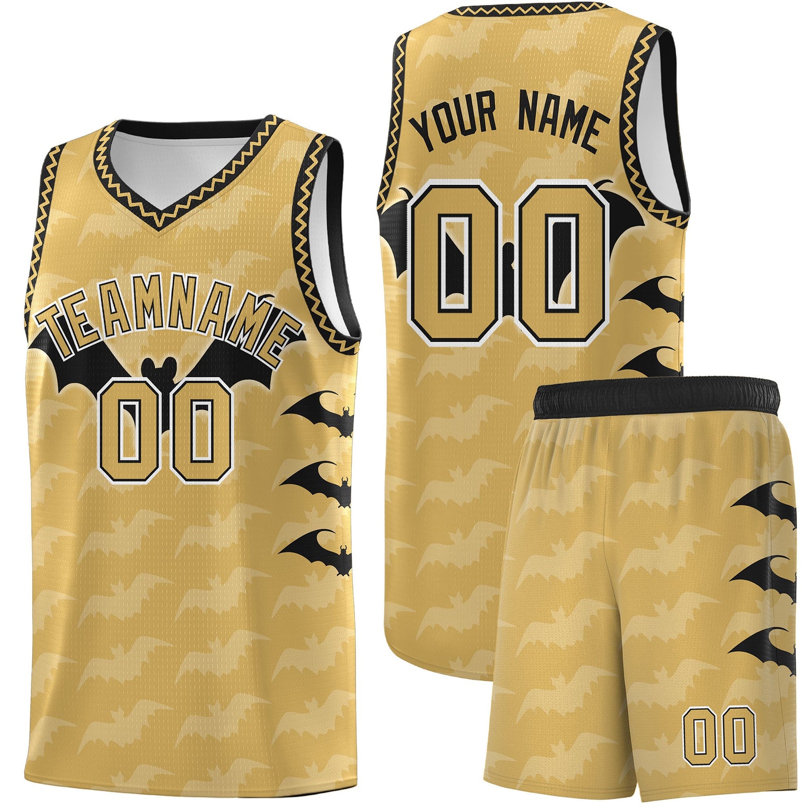 Custom Old Gold Black White Bat Pattern Halloween Basketball Jersey | For Men,For Kid,For Youth,Sublimation Printed,Perfect for Training,Perfect for Parties,Add Name and Numbern | KXKSHOP
