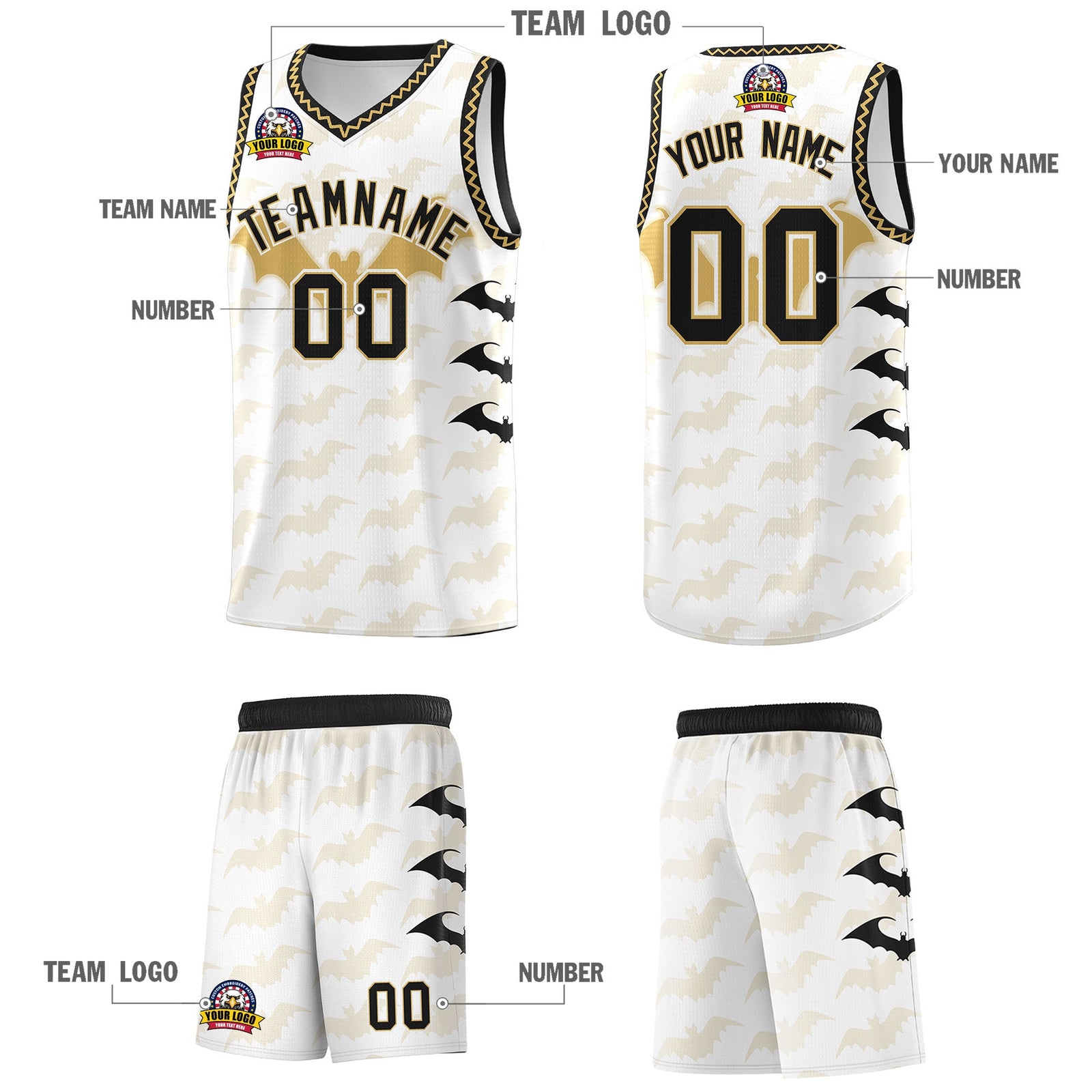Custom White Old Gold Bat Pattern Halloween Basketball Jersey | For Men,For Kid,For Youth,Sublimation Printed,Perfect for Training,Perfect for Parties,Add Name and Numbern | KXKSHOP