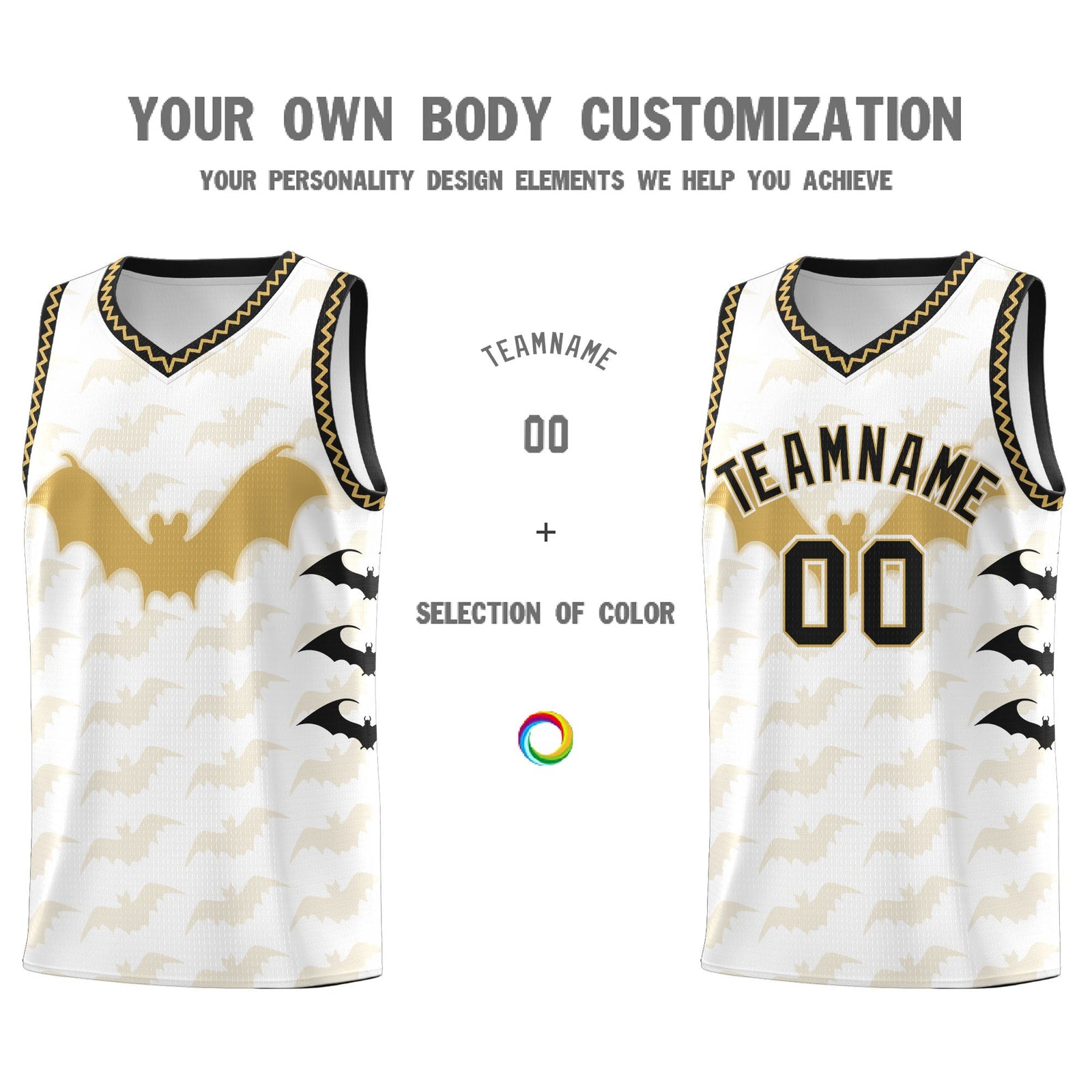 Custom White Old Gold Bat Pattern Halloween Basketball Jersey | For Men,For Kid,For Youth,Sublimation Printed,Perfect for Training,Perfect for Parties,Add Name and Numbern | KXKSHOP