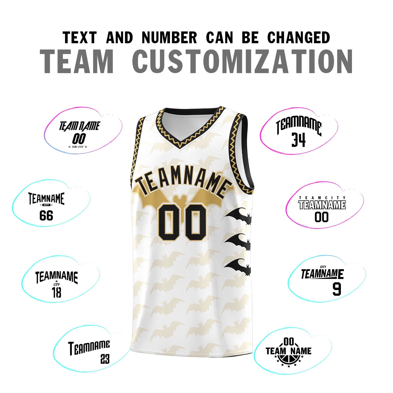 Custom White Old Gold Bat Pattern Halloween Basketball Jersey | For Men,For Kid,For Youth,Sublimation Printed,Perfect for Training,Perfect for Parties,Add Name and Numbern | KXKSHOP