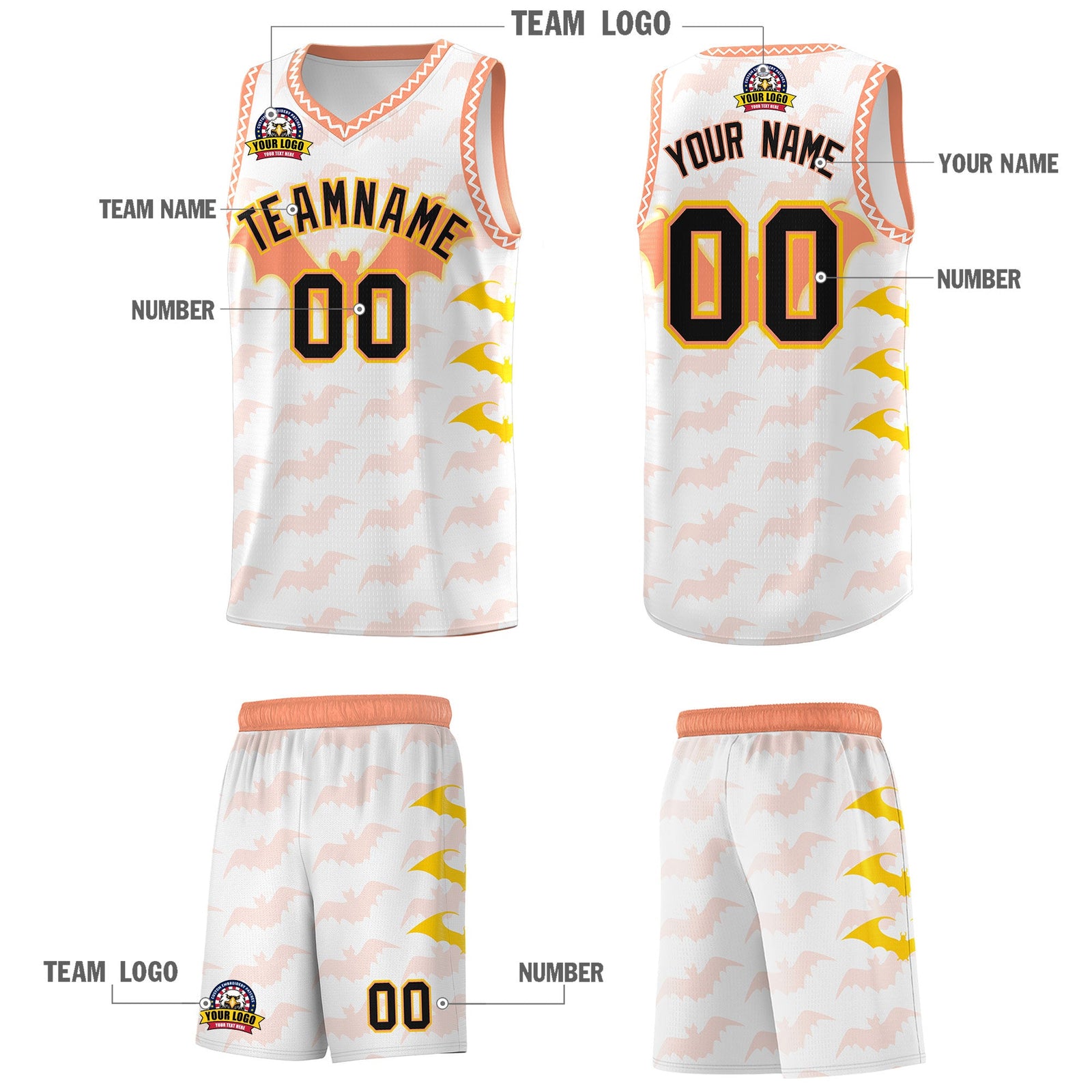 Custom White Gold Light Orange Bat Pattern Halloween Basketball Jersey | For Men,For Kid,For Youth,Sublimation Printed,Perfect for Training,Perfect for Parties,Add Name and Numbern | KXKSHOP