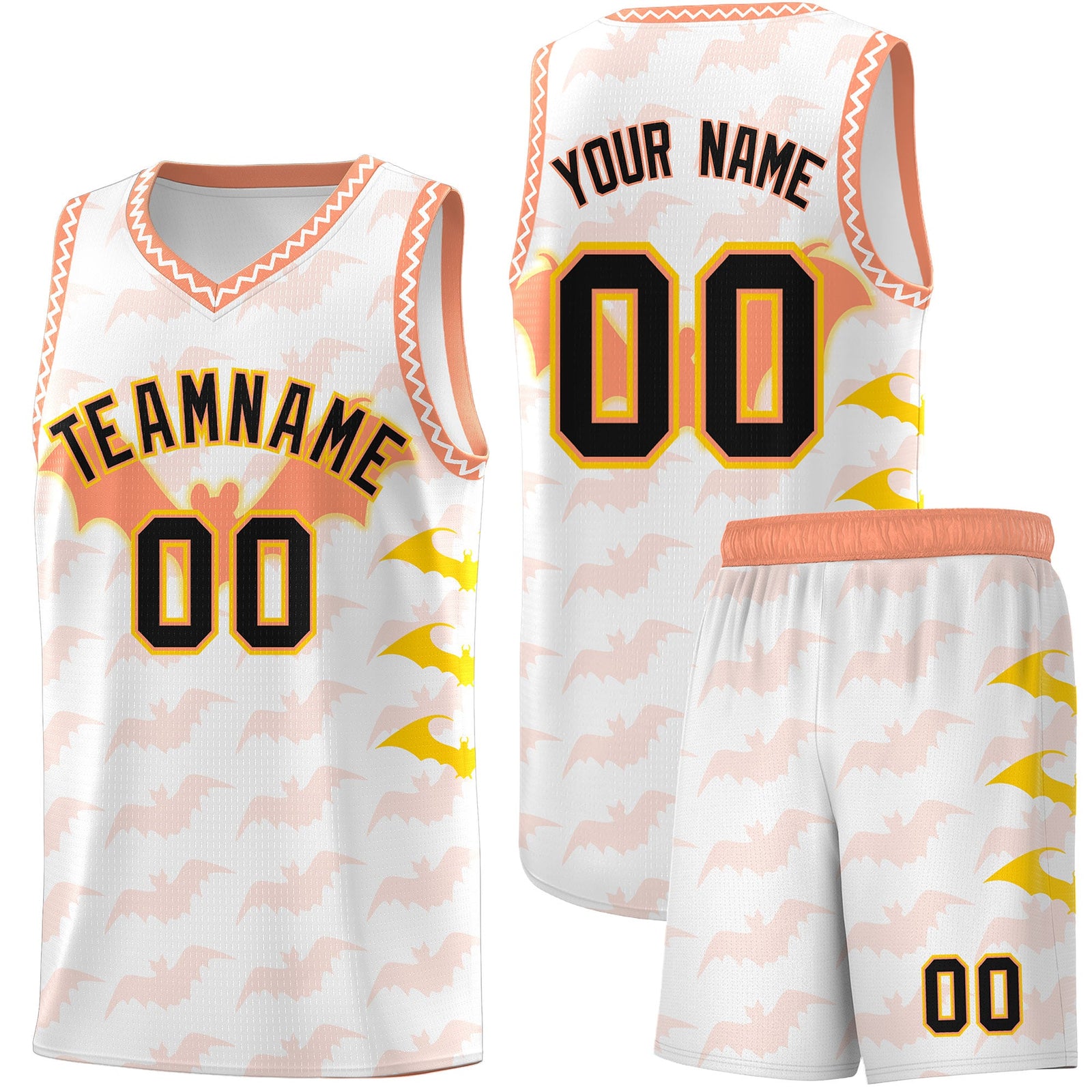 Custom White Gold Light Orange Bat Pattern Halloween Basketball Jersey | For Men,For Kid,For Youth,Sublimation Printed,Perfect for Training,Perfect for Parties,Add Name and Numbern | KXKSHOP