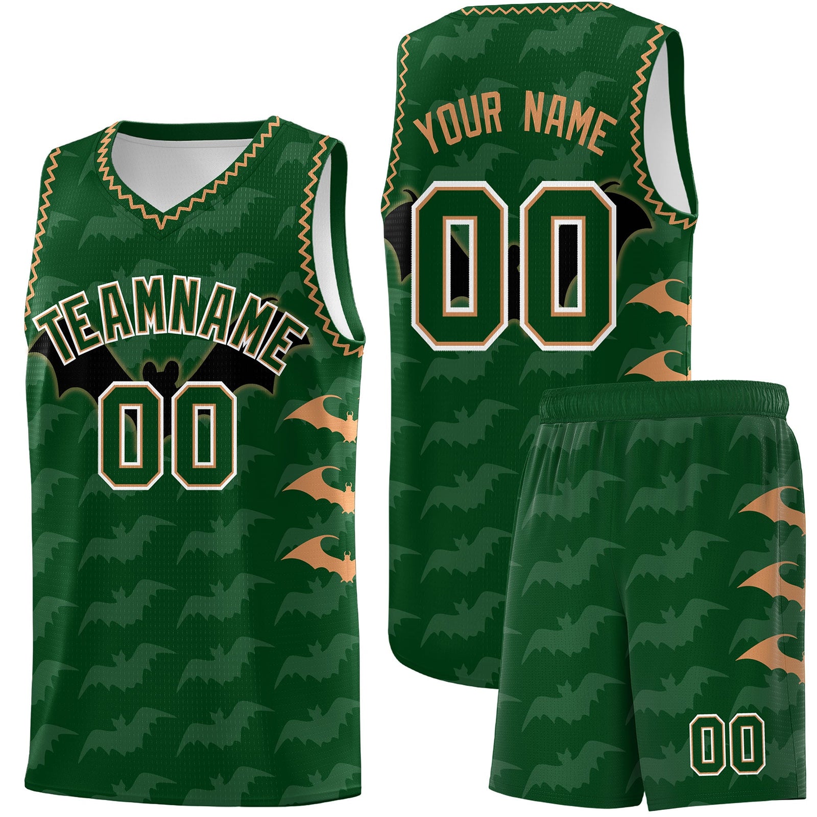 Custom Green Buckskin Brown Bat Pattern Halloween Basketball Jersey | For Men,For Kid,For Youth,Sublimation Printed,Perfect for Training,Perfect for Parties,Add Name and Numbern | KXKSHOP