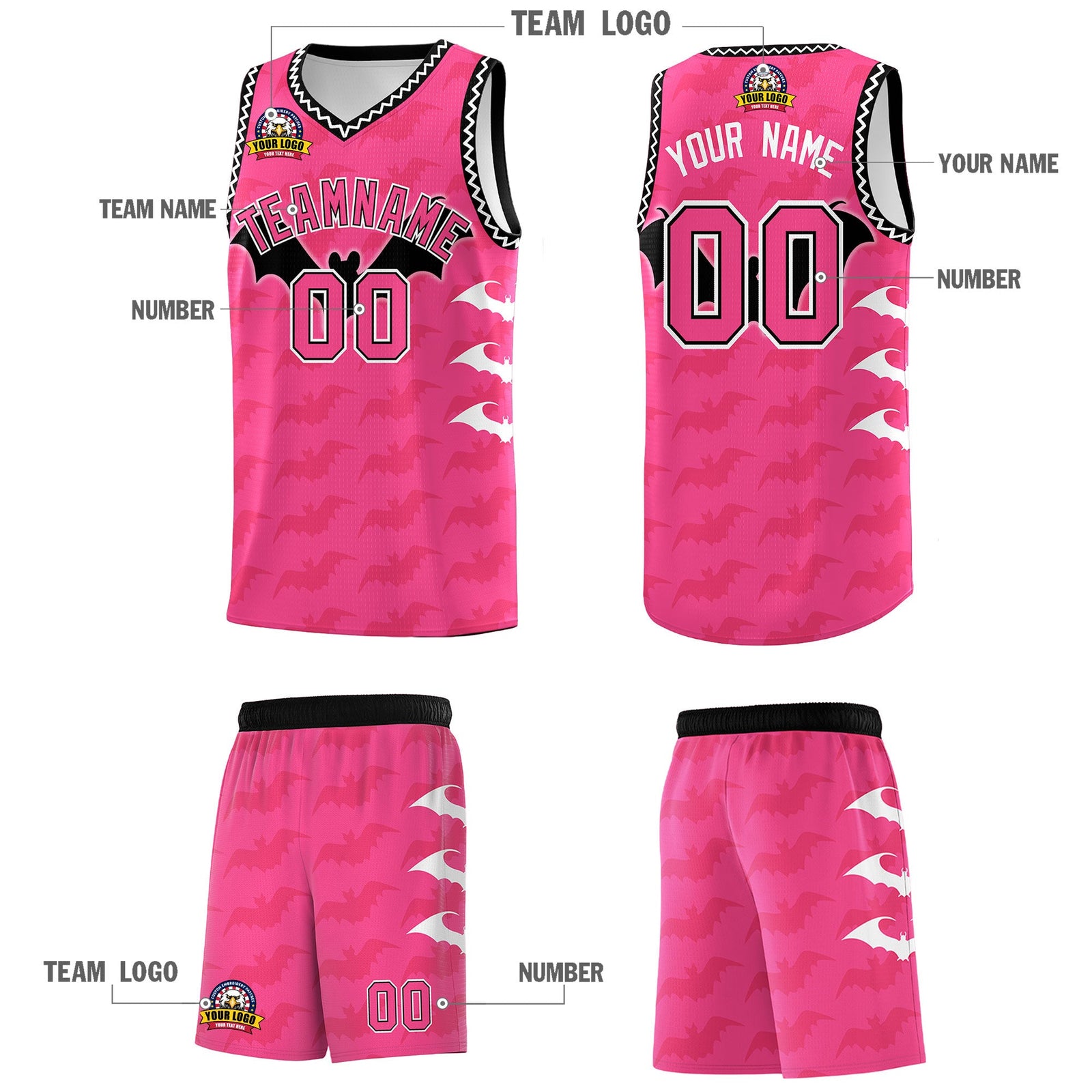 Custom Pink Black White Bat Pattern Halloween Basketball Jersey | For Men,For Kid,For Youth,Sublimation Printed,Perfect for Training,Perfect for Parties,Add Name and Numbern | KXKSHOP