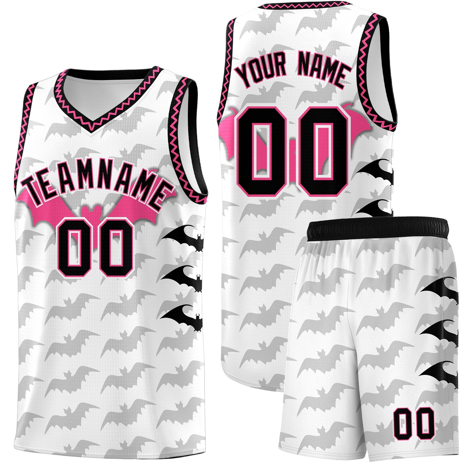 Custom White Black Pink Bat Pattern Halloween Basketball Jersey | For Men,For Kid,For Youth,Sublimation Printed,Perfect for Training,Perfect for Parties,Add Name and Numbern | KXKSHOP
