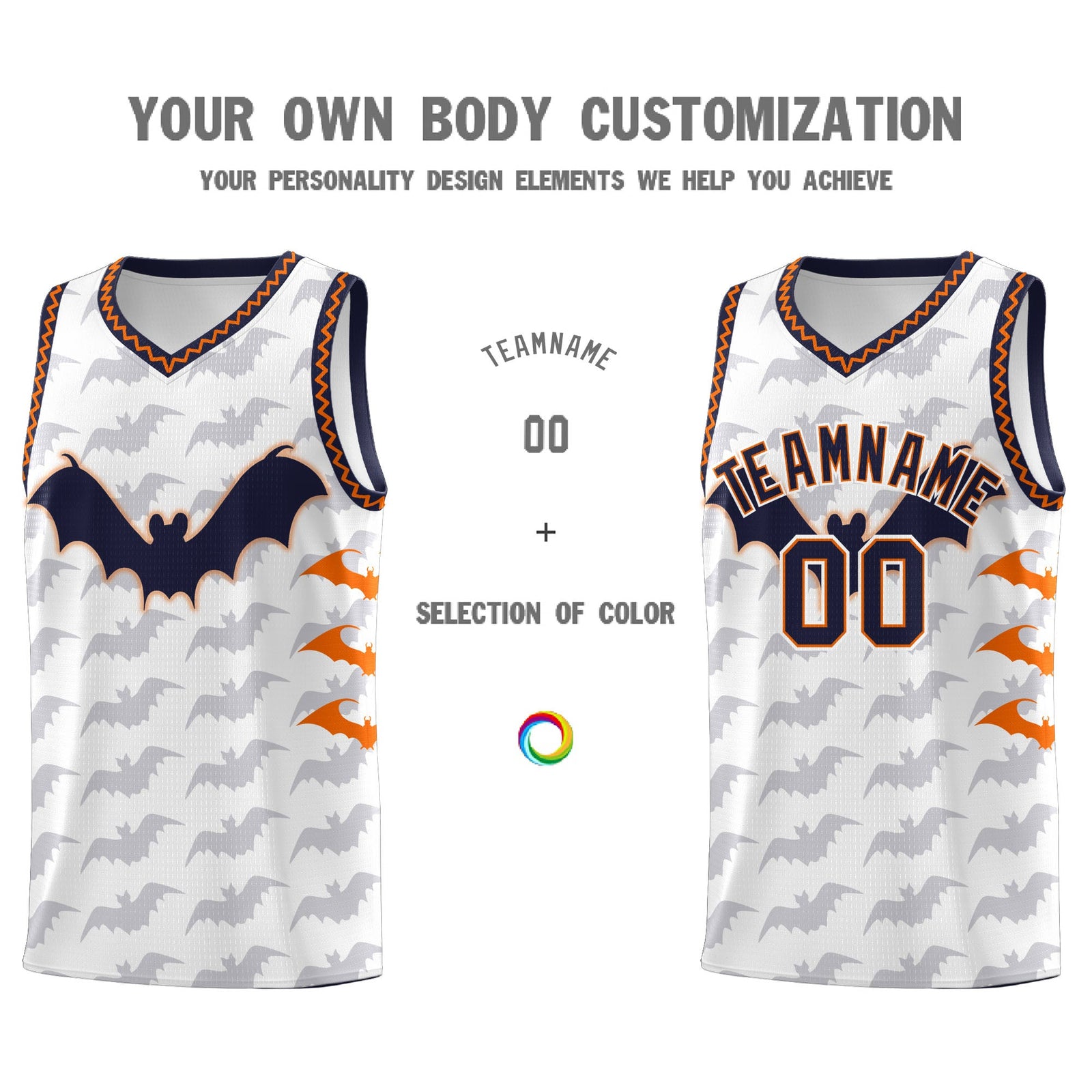 Custom White Orange Navy Bat Pattern Halloween Basketball Jersey | For Men,For Kid,For Youth,Sublimation Printed,Perfect for Training,Perfect for Parties,Add Name and Numbern | KXKSHOP
