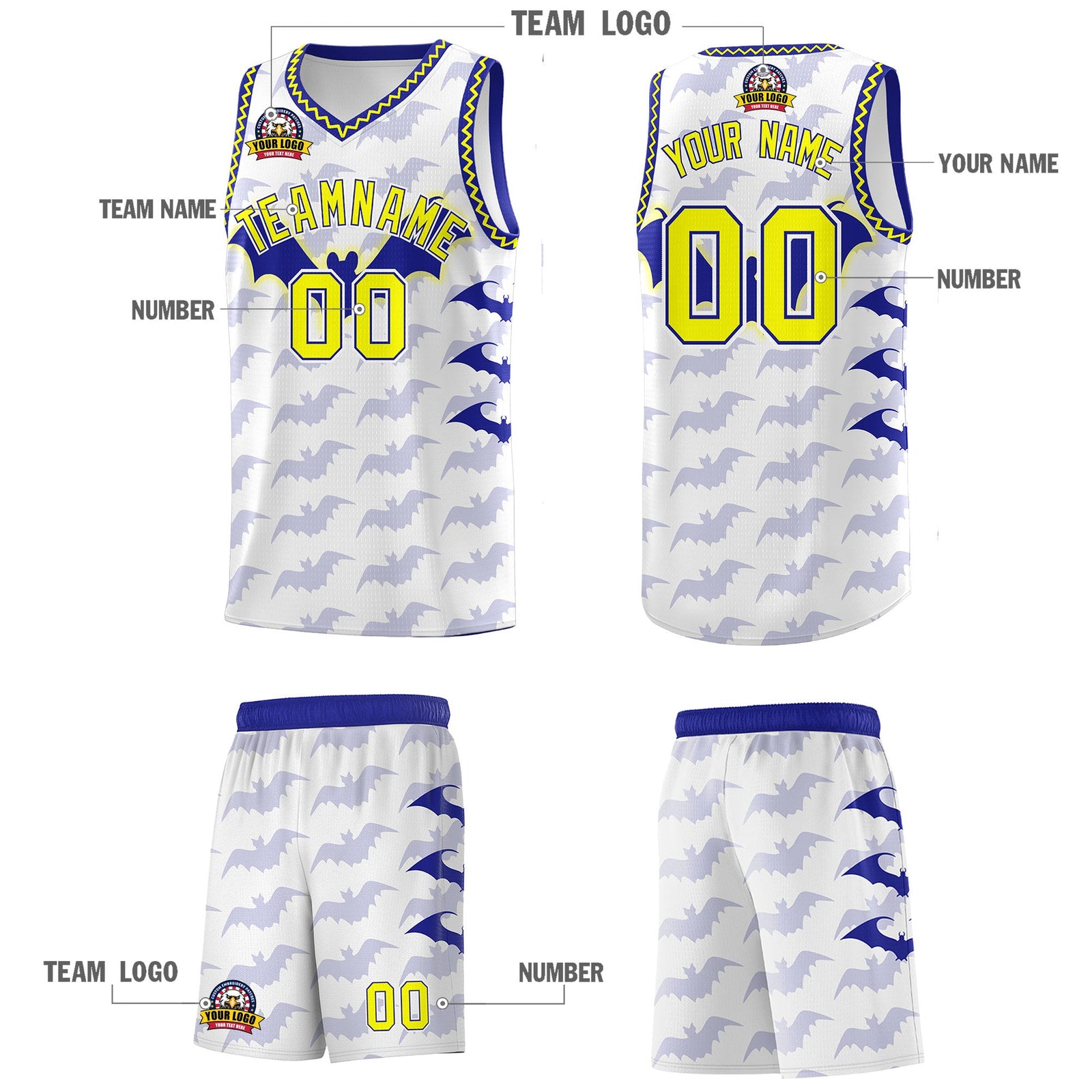 Custom White Fluorescent Yellow Bat Pattern Halloween Basketball Jersey | For Men,For Kid,For Youth,Sublimation Printed,Perfect for Training,Perfect for Parties,Add Name and Numbern | KXKSHOP