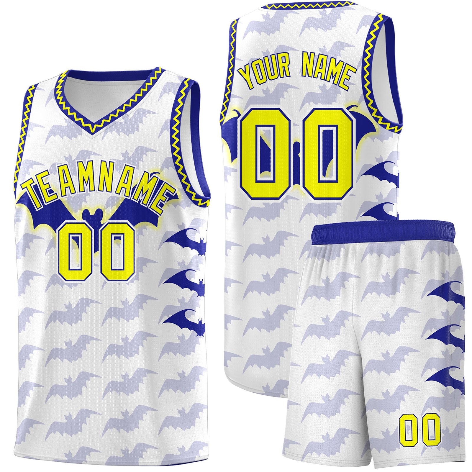 Custom White Fluorescent Yellow Bat Pattern Halloween Basketball Jersey | For Men,For Kid,For Youth,Sublimation Printed,Perfect for Training,Perfect for Parties,Add Name and Numbern | KXKSHOP