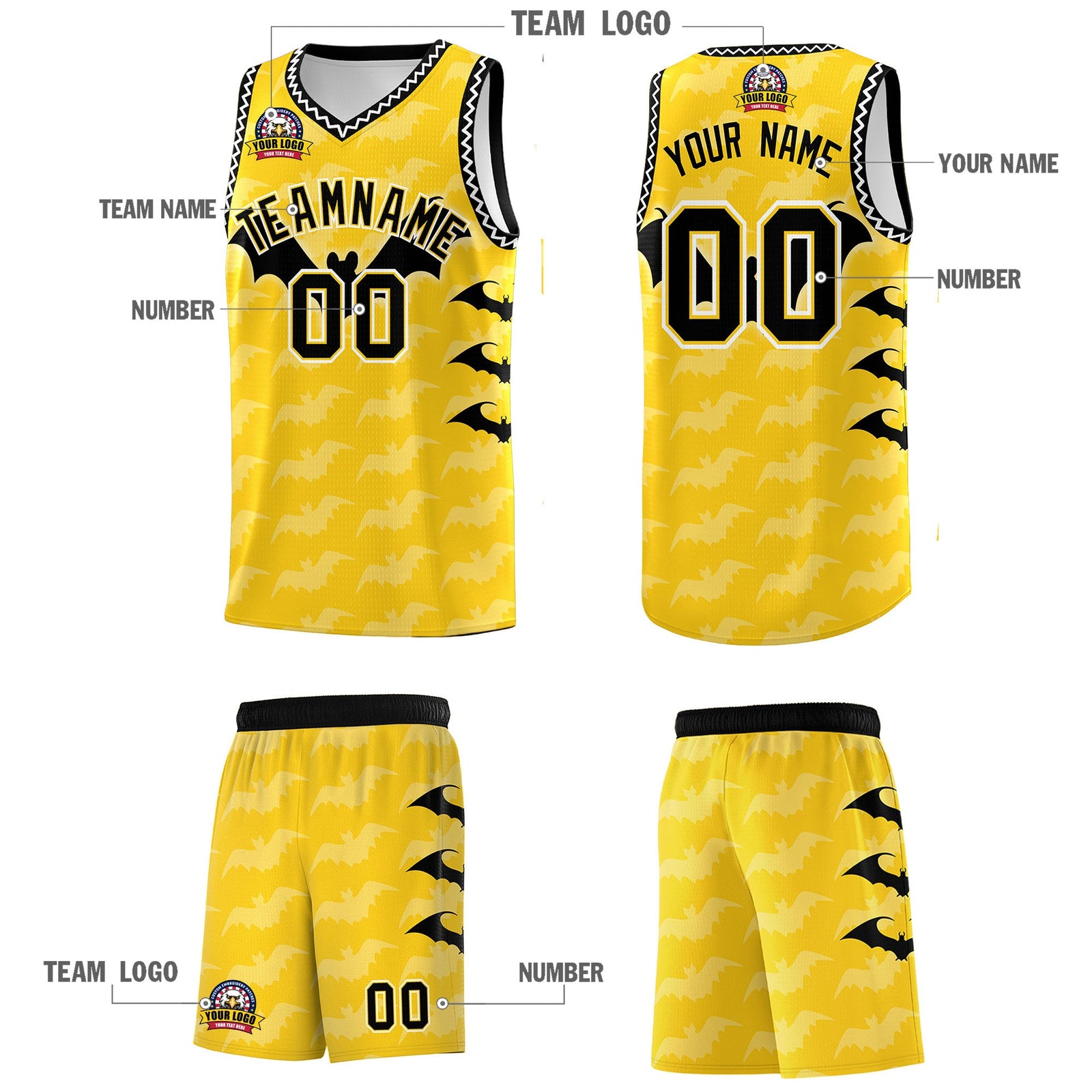 Custom Gold White Black Bat Pattern Halloween Basketball Jersey | For Men,For Kid,For Youth,Sublimation Printed,Perfect for Training,Perfect for Parties,Add Name and Numbern | KXKSHOP