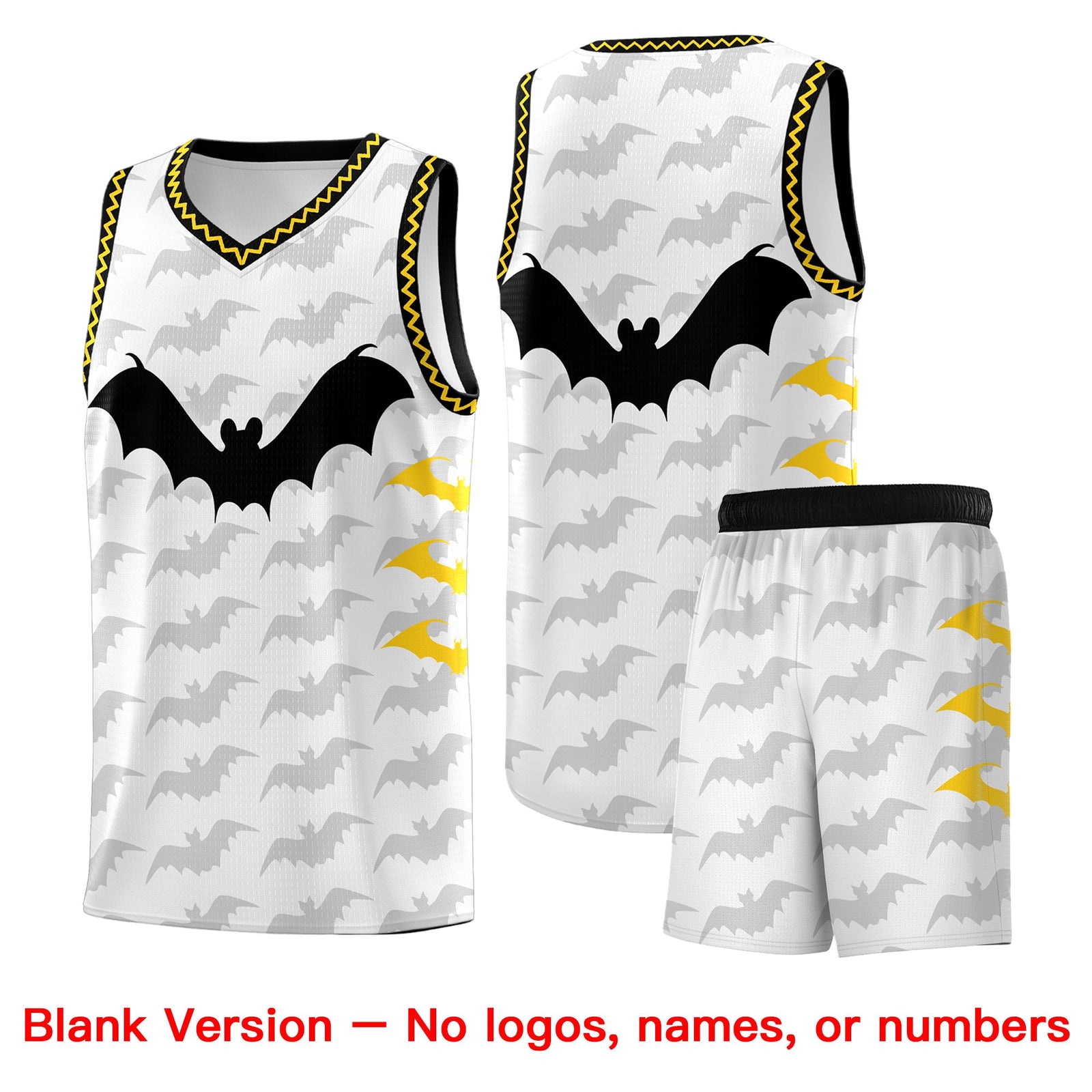 Custom White Gold Black Bat Pattern Halloween Basketball Jersey | For Men,For Kid,For Youth,Sublimation Printed,Perfect for Training,Perfect for Parties,Add Name and Numbern | KXKSHOP