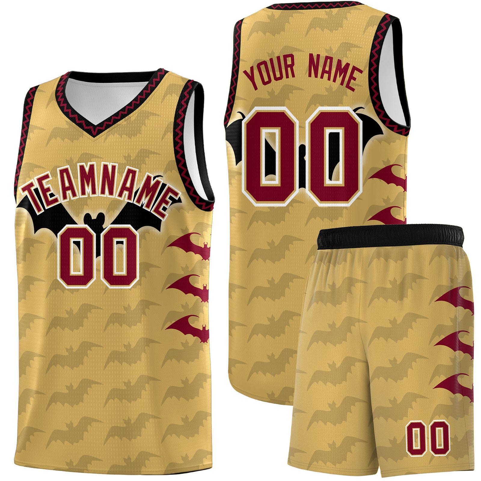 Custom Old Gold Crimson Bat Pattern Halloween Basketball Jersey | For Men,For Kid,For Youth,Sublimation Printed,Perfect for Training,Perfect for Parties,Add Name and Numbern | KXKSHOP