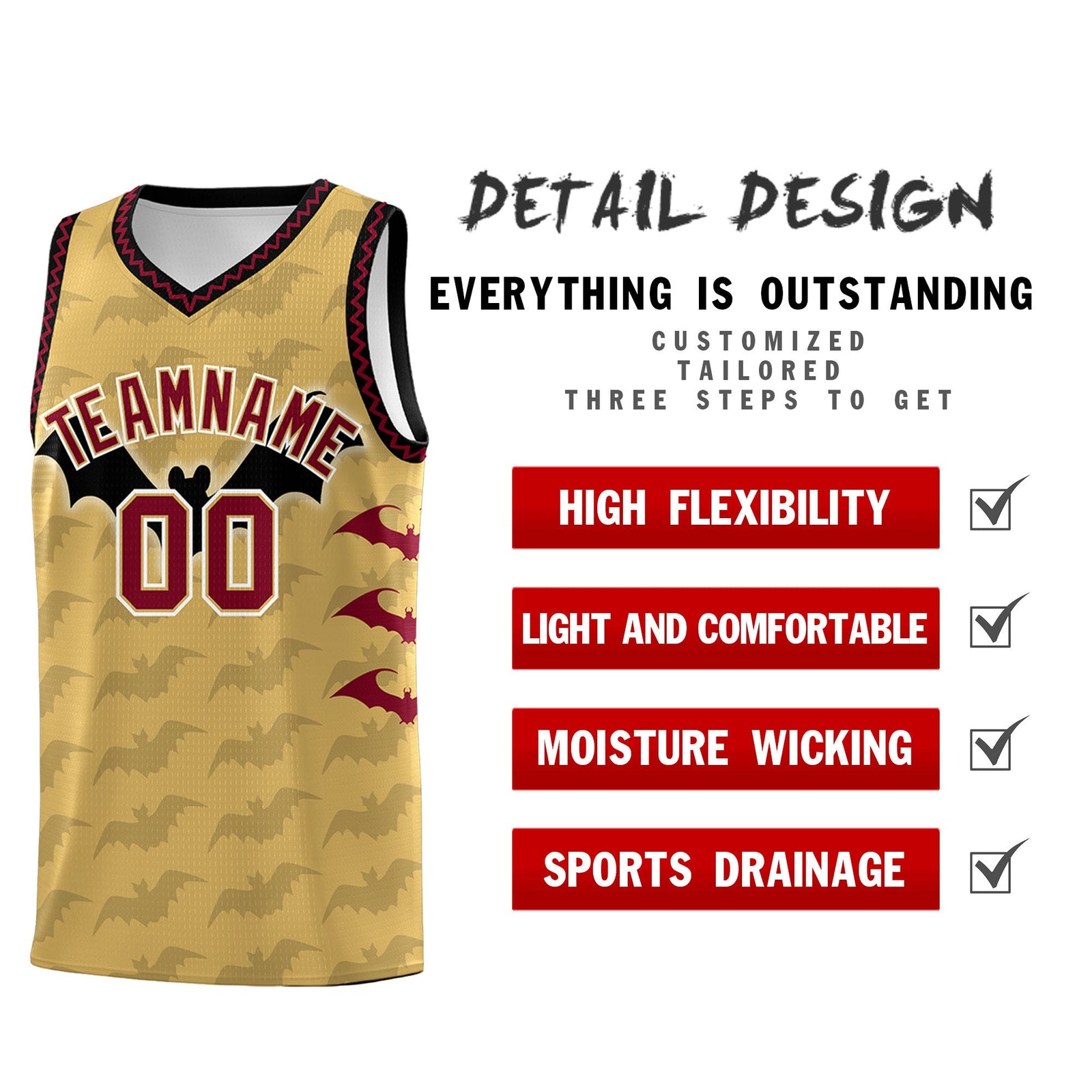Custom Old Gold Crimson Bat Pattern Halloween Basketball Jersey | For Men,For Kid,For Youth,Sublimation Printed,Perfect for Training,Perfect for Parties,Add Name and Numbern | KXKSHOP