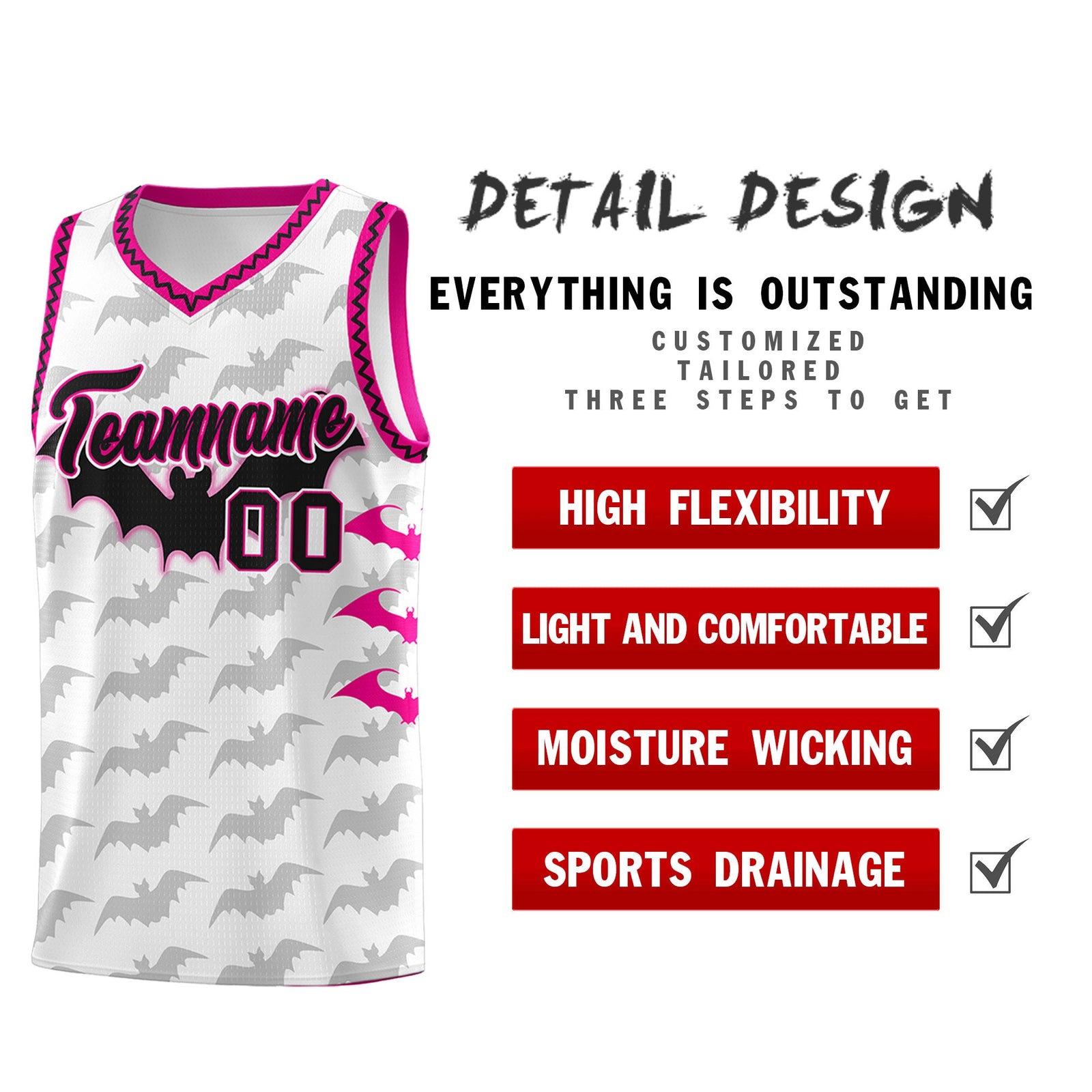 Custom White Pink Black Bat Pattern Halloween Basketball Jersey | For Men,For Kid,For Youth,Sublimation Printed,Perfect for Training,Perfect for Parties,Add Name and Numbern | KXKSHOP