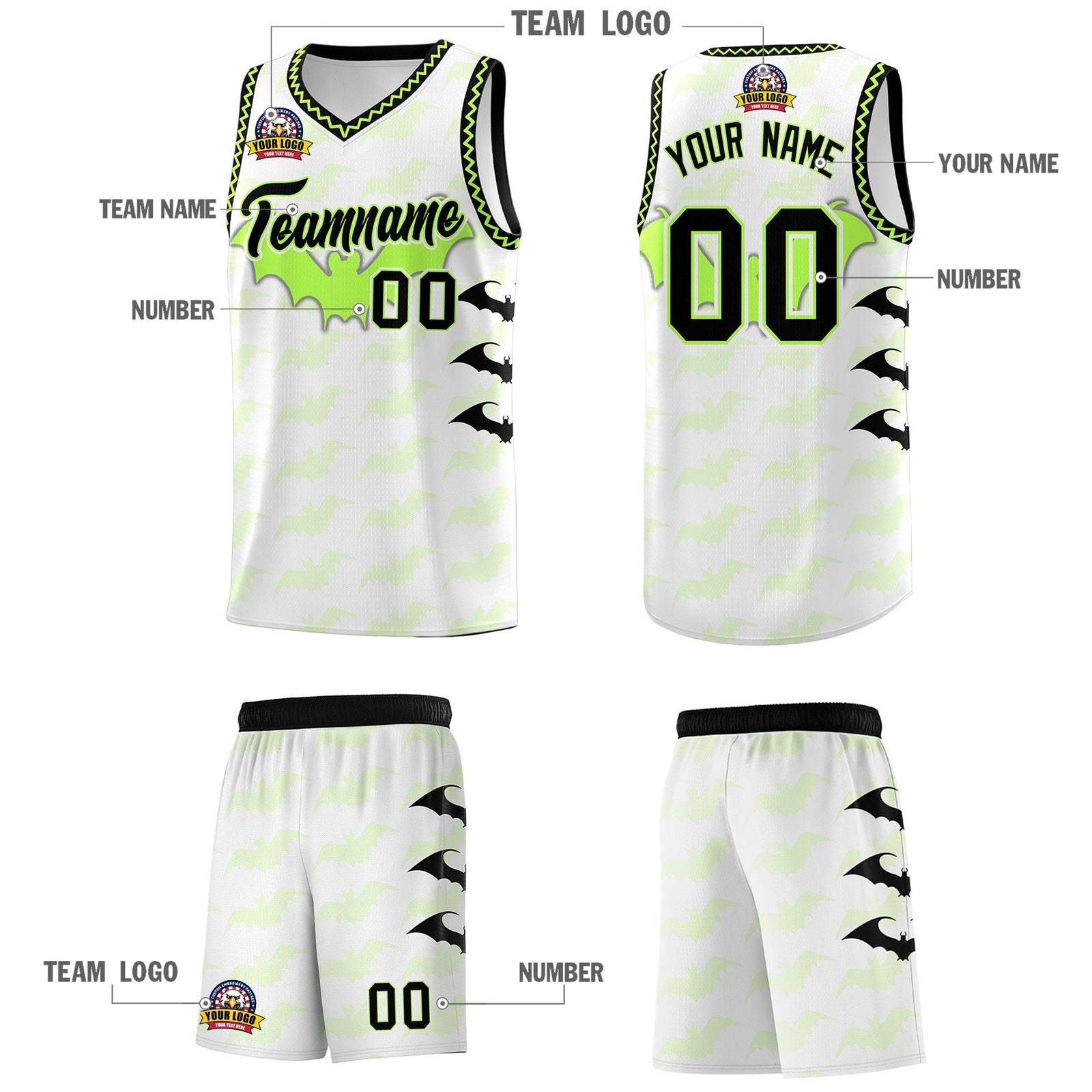 Custom White Fluorescent Green Black Bat Pattern Halloween Basketball Jersey | For Men,For Kid,For Youth,Sublimation Printed,Perfect for Training,Perfect for Parties,Add Name and Numbern | KXKSHOP