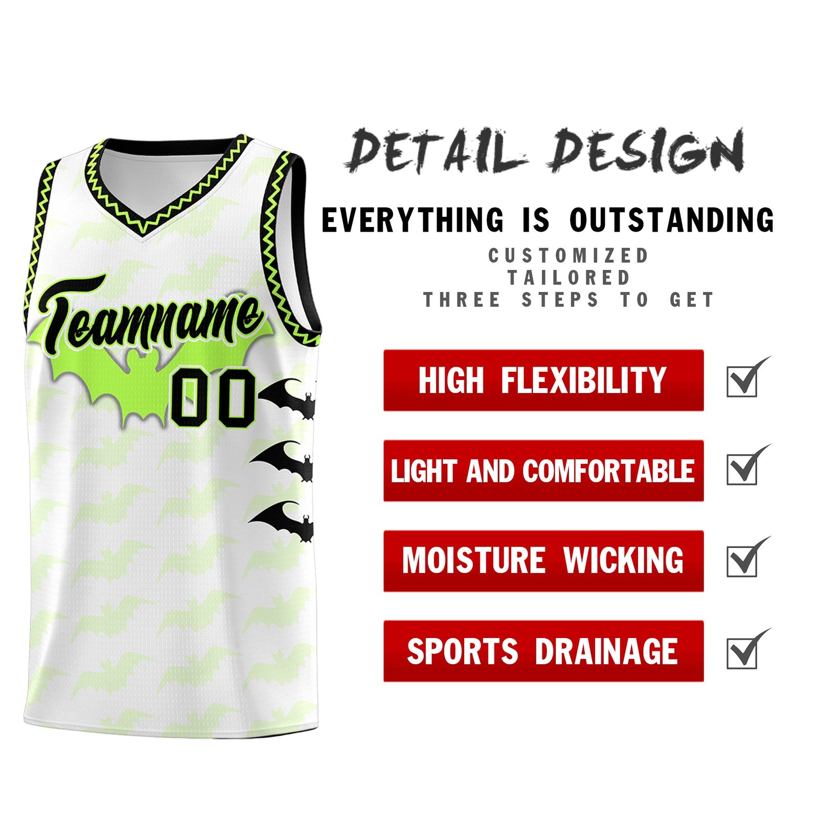 Custom White Fluorescent Green Black Bat Pattern Halloween Basketball Jersey | For Men,For Kid,For Youth,Sublimation Printed,Perfect for Training,Perfect for Parties,Add Name and Numbern | KXKSHOP
