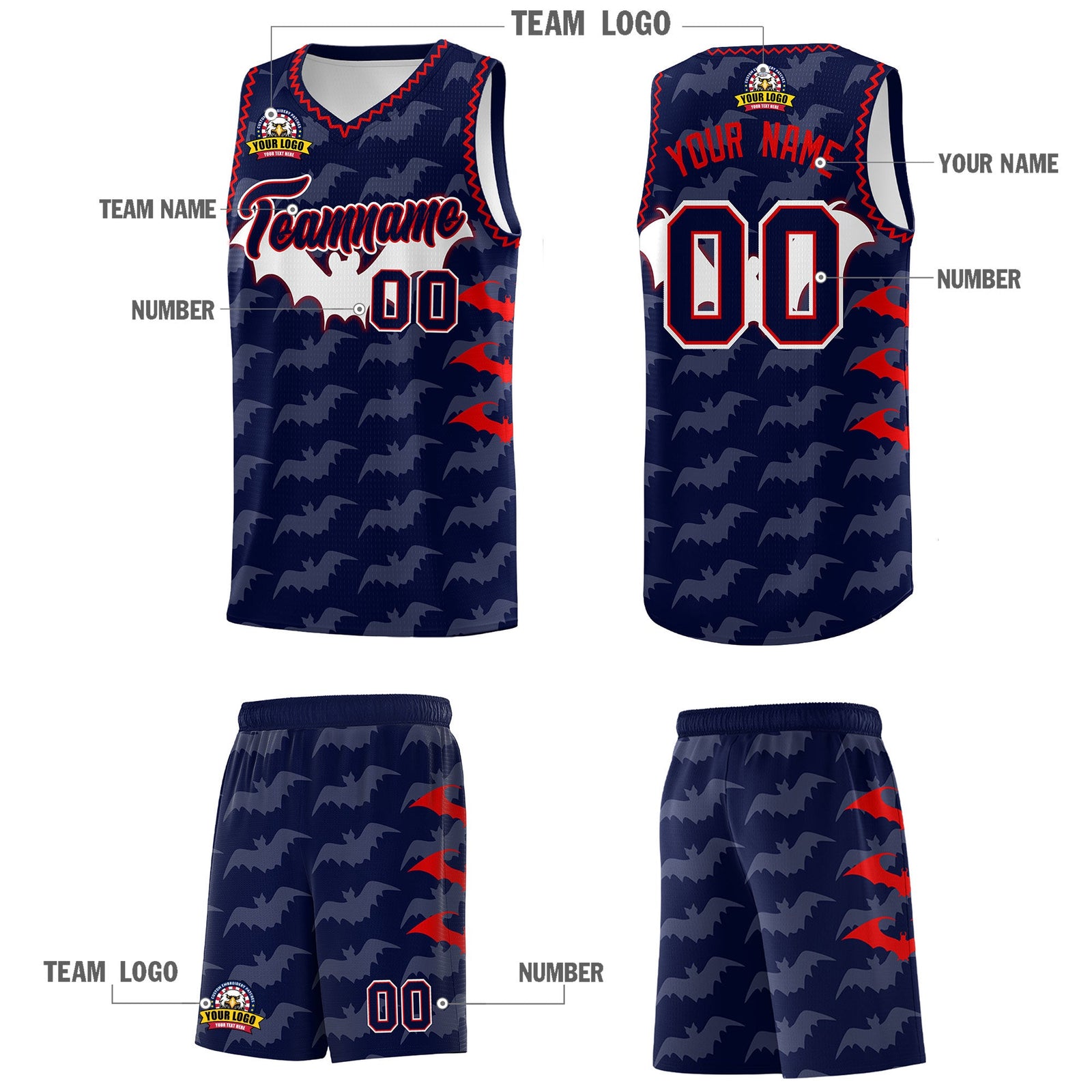 Custom Navy Red Bat Pattern Halloween Basketball Jersey | For Men,For Kid,For Youth,Sublimation Printed,Perfect for Training,Perfect for Parties,Add Name and Numbern | KXKSHOP