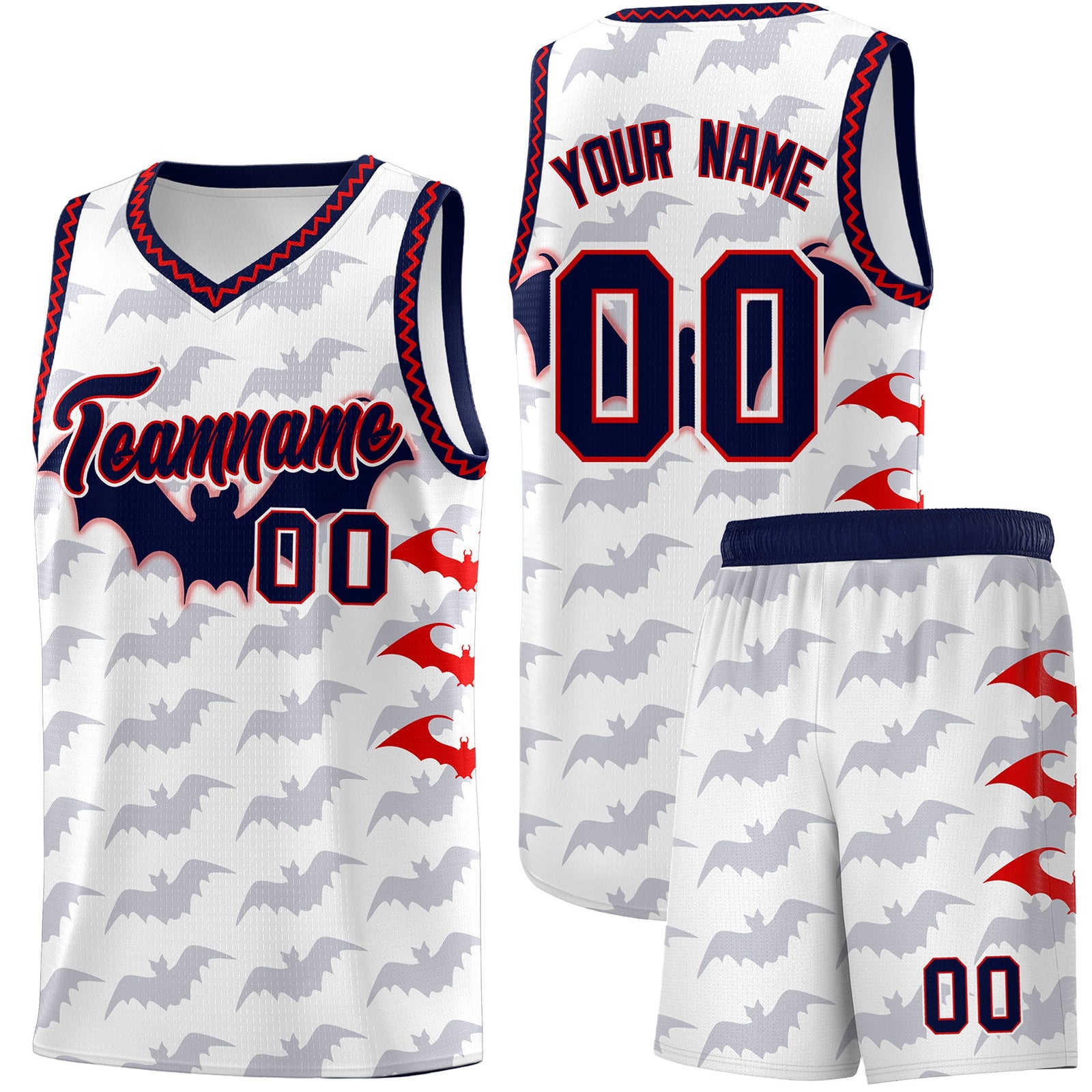 Custom White Red Navy Bat Pattern Halloween Basketball Jersey | For Men,For Kid,For Youth,Sublimation Printed,Perfect for Training,Perfect for Parties,Add Name and Numbern | KXKSHOP