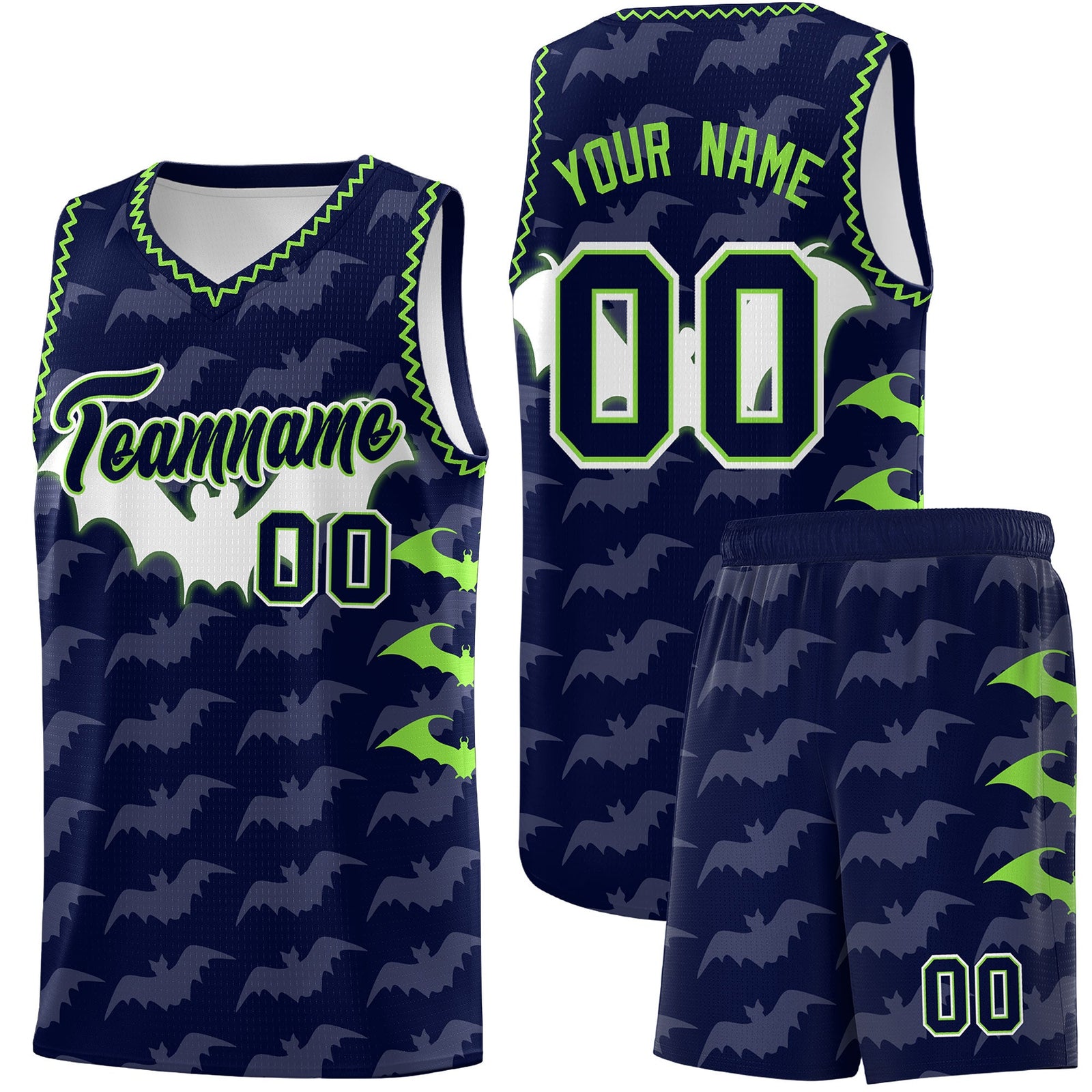 Custom Navy Fluorescent Green Bat Pattern Halloween Basketball Jersey | For Men,For Kid,For Youth,Sublimation Printed,Perfect for Training,Perfect for Parties,Add Name and Numbern | KXKSHOP