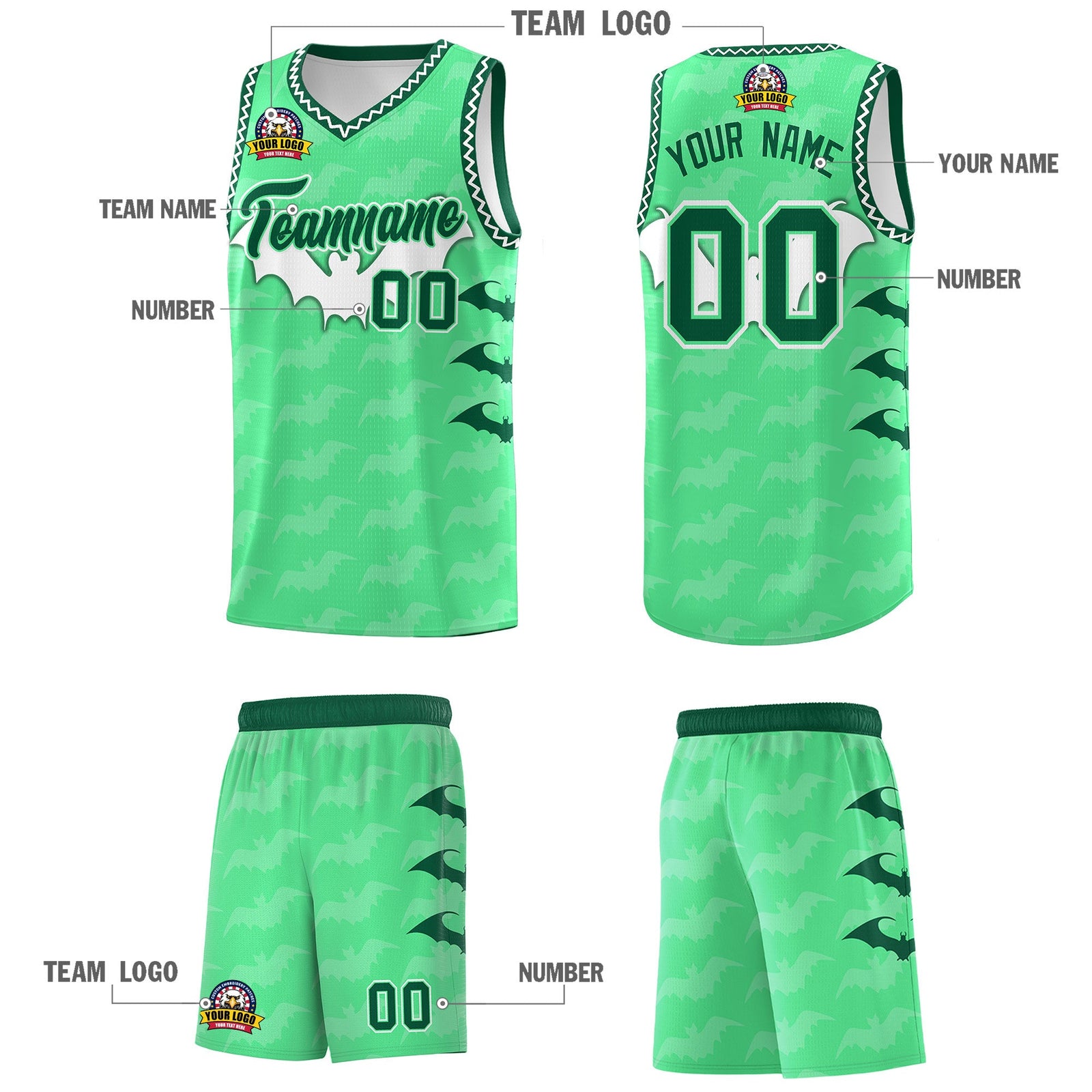 Custom Green White Bat Pattern Halloween Basketball Jersey | For Men,For Kid,For Youth,Sublimation Printed,Perfect for Training,Perfect for Parties,Add Name and Numbern | KXKSHOP