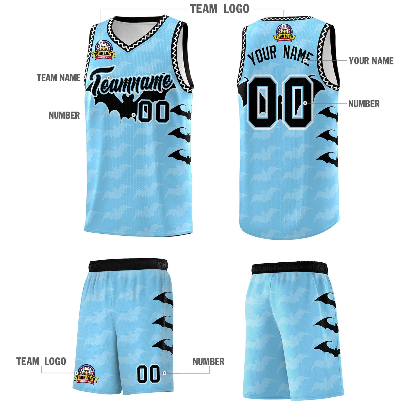 Custom Light Blue White Black Bat Pattern Halloween Basketball Jersey | For Men,For Kid,For Youth,Sublimation Printed,Perfect for Training,Perfect for Parties,Add Name and Numbern | KXKSHOP