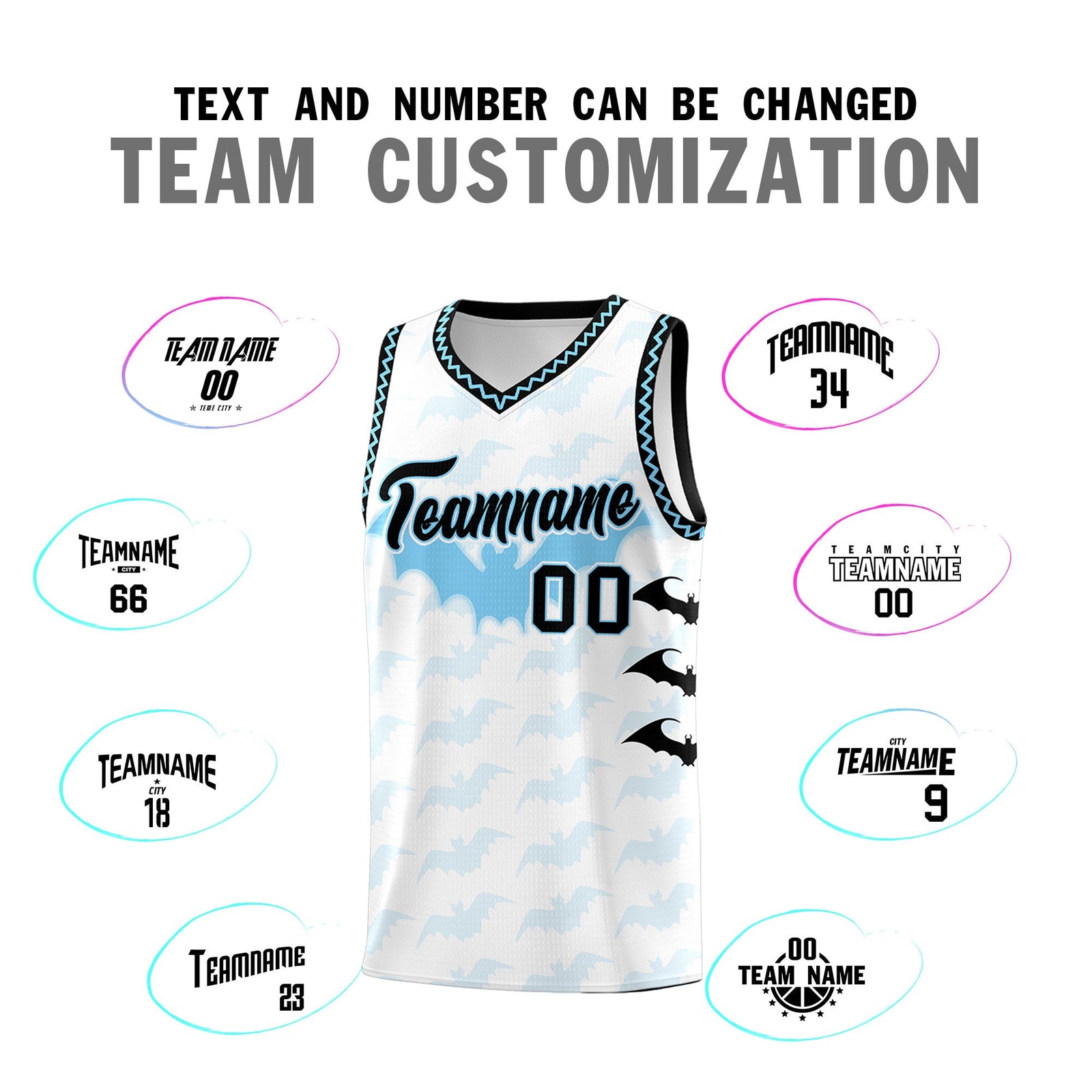 Custom White Light Blue Bat Pattern Halloween Basketball Jersey | For Men,For Kid,For Youth,Sublimation Printed,Perfect for Training,Perfect for Parties,Add Name and Numbern | KXKSHOP