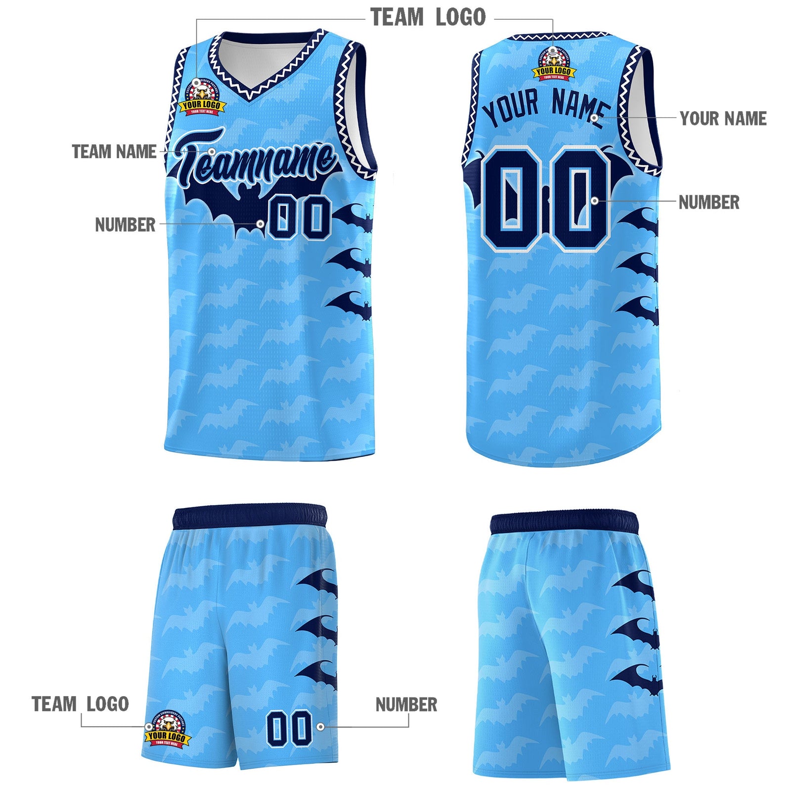 Custom Powder Blue White Bat Pattern Halloween Basketball Jersey | For Men,For Kid,For Youth,Sublimation Printed,Perfect for Training,Perfect for Parties,Add Name and Numbern | KXKSHOP