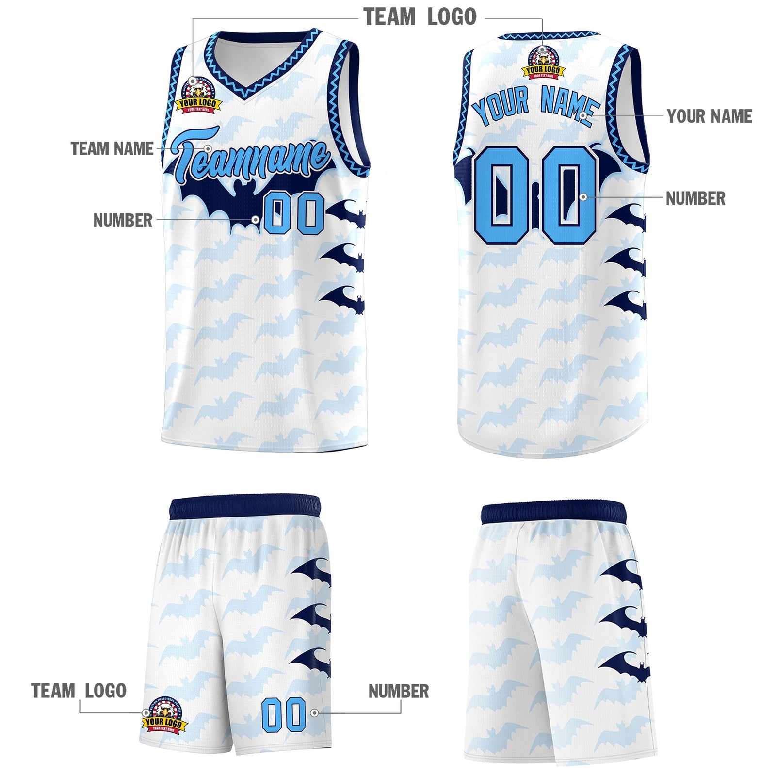 Custom White Powder Blue Bat Pattern Halloween Basketball Jersey | For Men,For Kid,For Youth,Sublimation Printed,Perfect for Training,Perfect for Parties,Add Name and Numbern | KXKSHOP