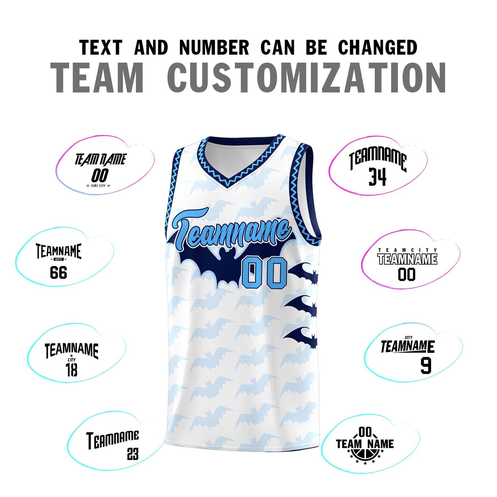 Custom White Powder Blue Bat Pattern Halloween Basketball Jersey | For Men,For Kid,For Youth,Sublimation Printed,Perfect for Training,Perfect for Parties,Add Name and Numbern | KXKSHOP