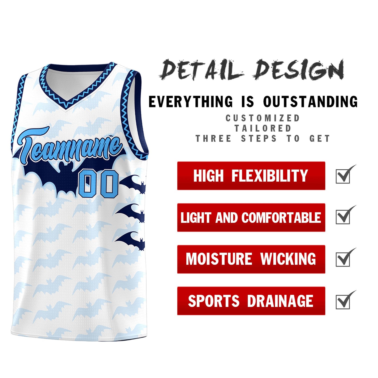 Custom White Powder Blue Bat Pattern Halloween Basketball Jersey | For Men,For Kid,For Youth,Sublimation Printed,Perfect for Training,Perfect for Parties,Add Name and Numbern | KXKSHOP