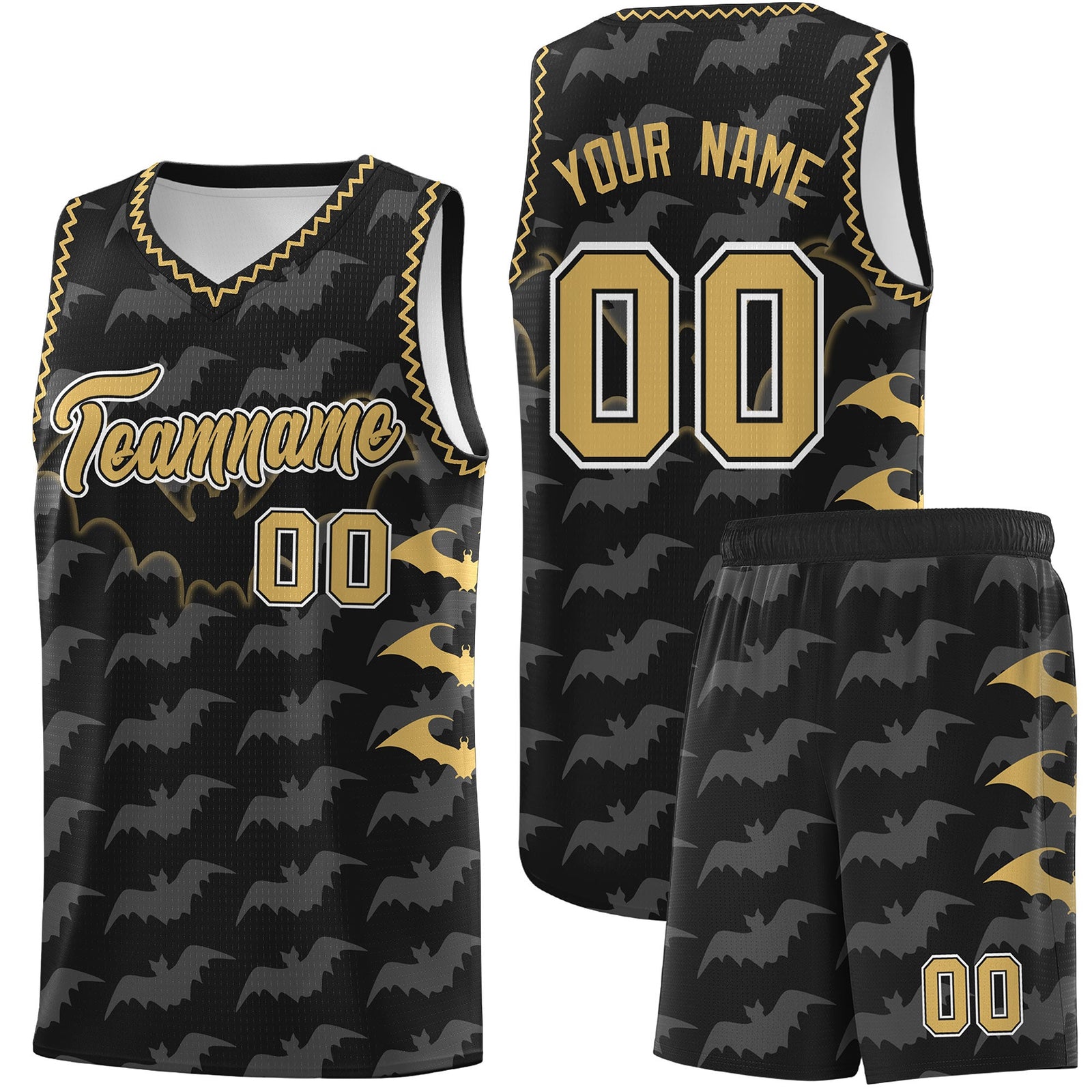 Custom Black Old Gold White Bat Pattern Halloween Basketball Jersey | For Men,For Kid,For Youth,Sublimation Printed,Perfect for Training,Perfect for Parties,Add Name and Numbern | KXKSHOP