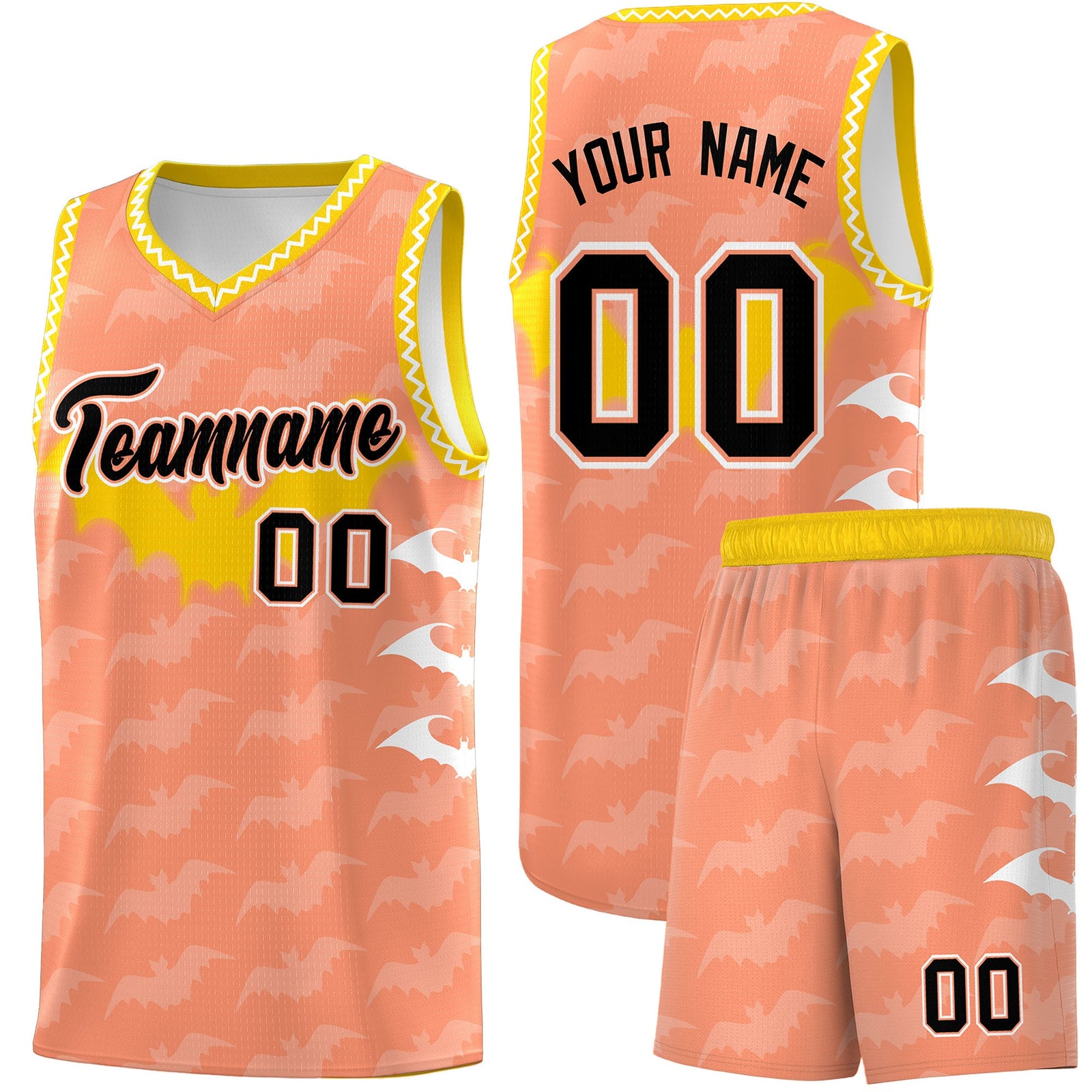 Custom Light Orange White Bat Pattern Halloween Basketball Jersey | For Men,For Kid,For Youth,Sublimation Printed,Perfect for Training,Perfect for Parties,Add Name and Numbern | KXKSHOP