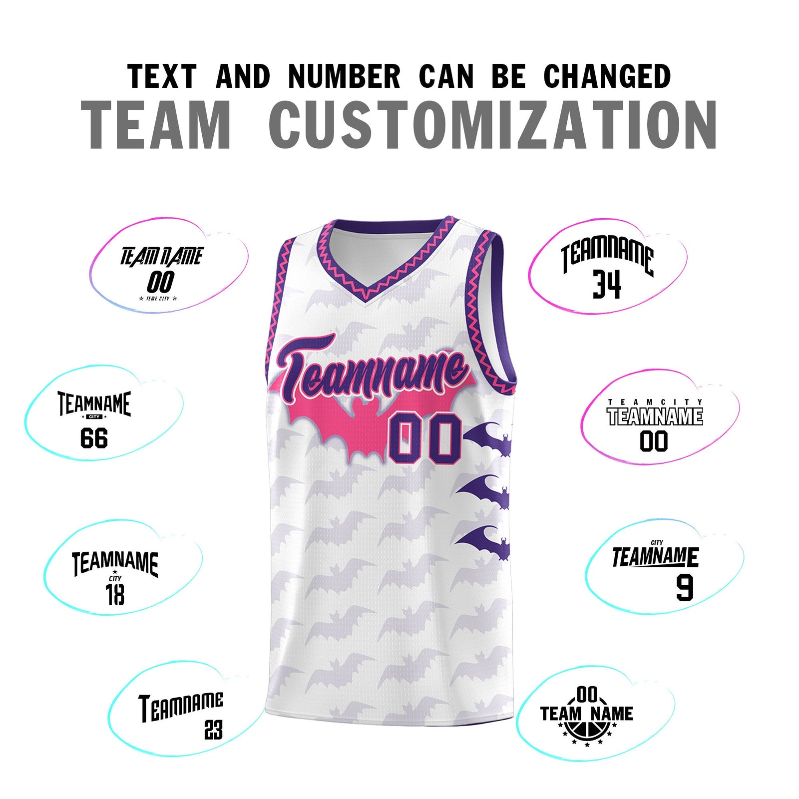 Custom White Pink Purple Bat Pattern Halloween Basketball Jersey | For Men,For Kid,For Youth,Sublimation Printed,Perfect for Training,Perfect for Parties,Add Name and Numbern | KXKSHOP