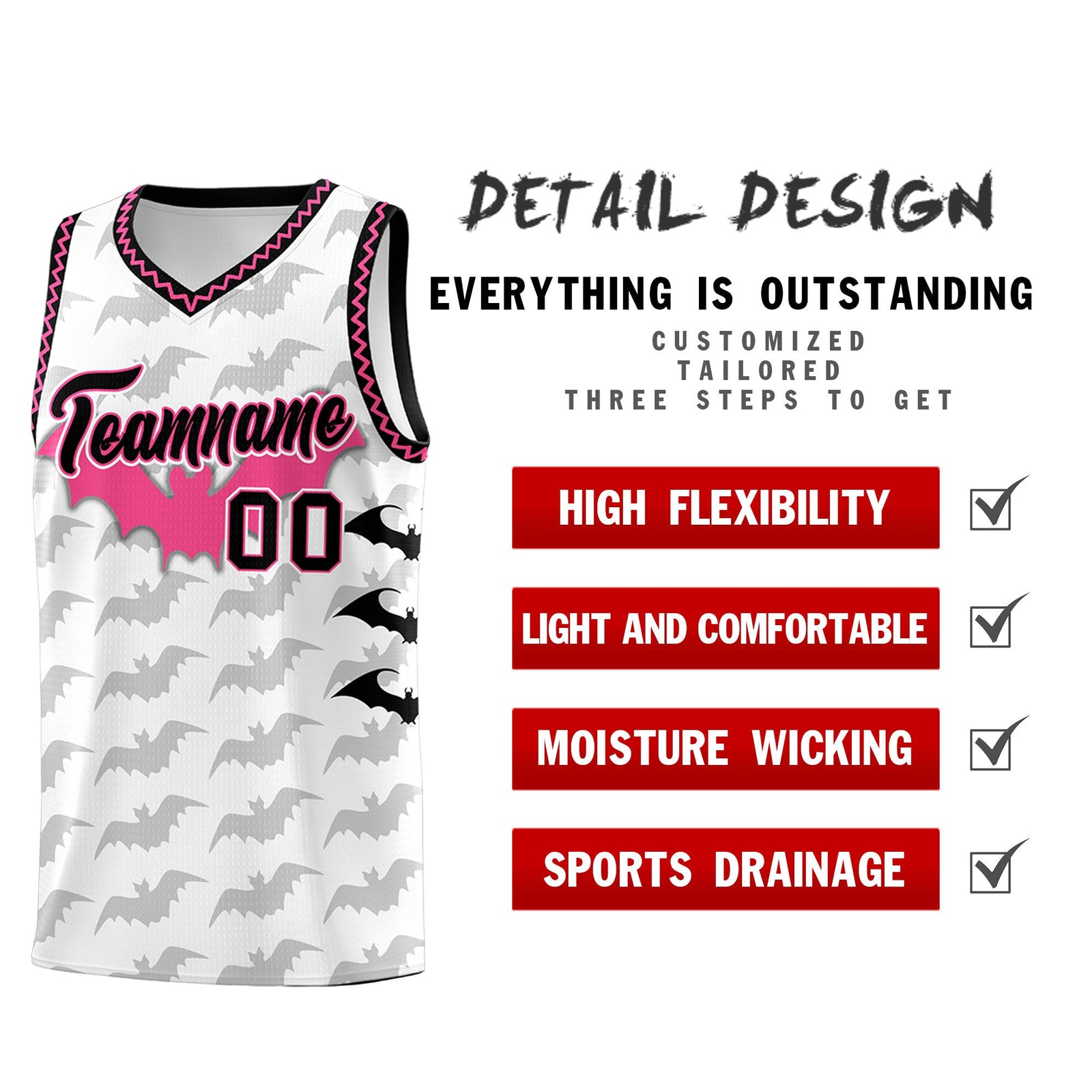 Custom White Black Pink Bat Pattern Halloween Basketball Jersey | For Men,For Kid,For Youth,Sublimation Printed,Perfect for Training,Perfect for Parties,Add Name and Numbern | KXKSHOP