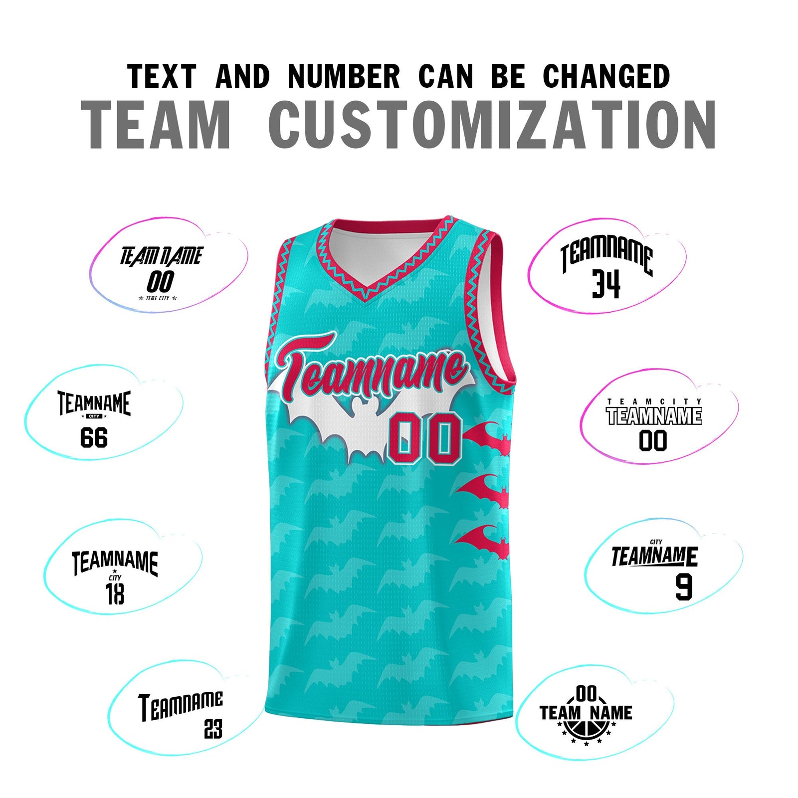 Custom Aqua White Red Bat Pattern Halloween Basketball Jersey | For Men,For Kid,For Youth,Sublimation Printed,Perfect for Training,Perfect for Parties,Add Name and Numbern | KXKSHOP