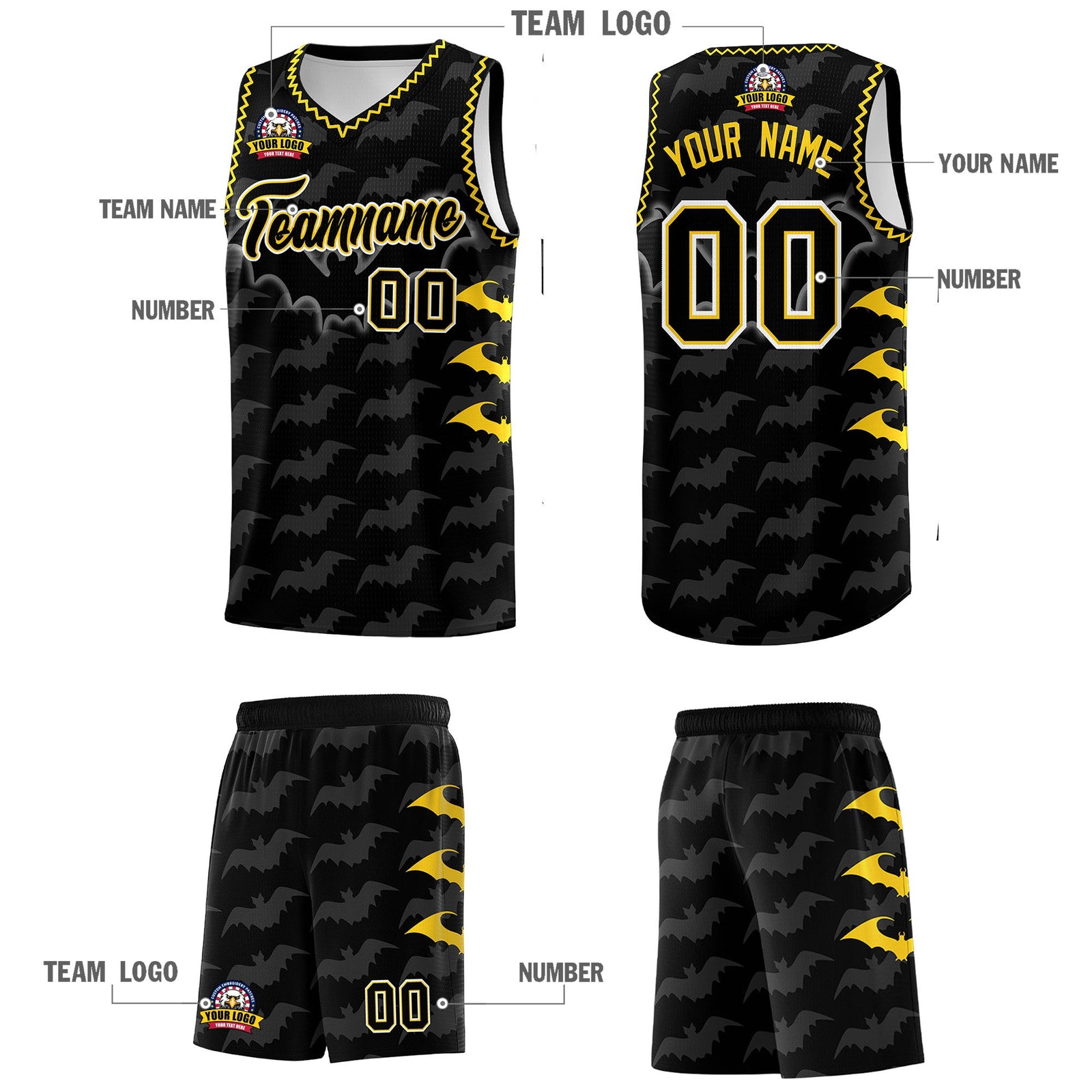 Custom Black Gold Bat Pattern Halloween Basketball Jersey | For Men,For Kid,For Youth,Sublimation Printed,Perfect for Training,Perfect for Parties,Add Name and Numbern | KXKSHOP