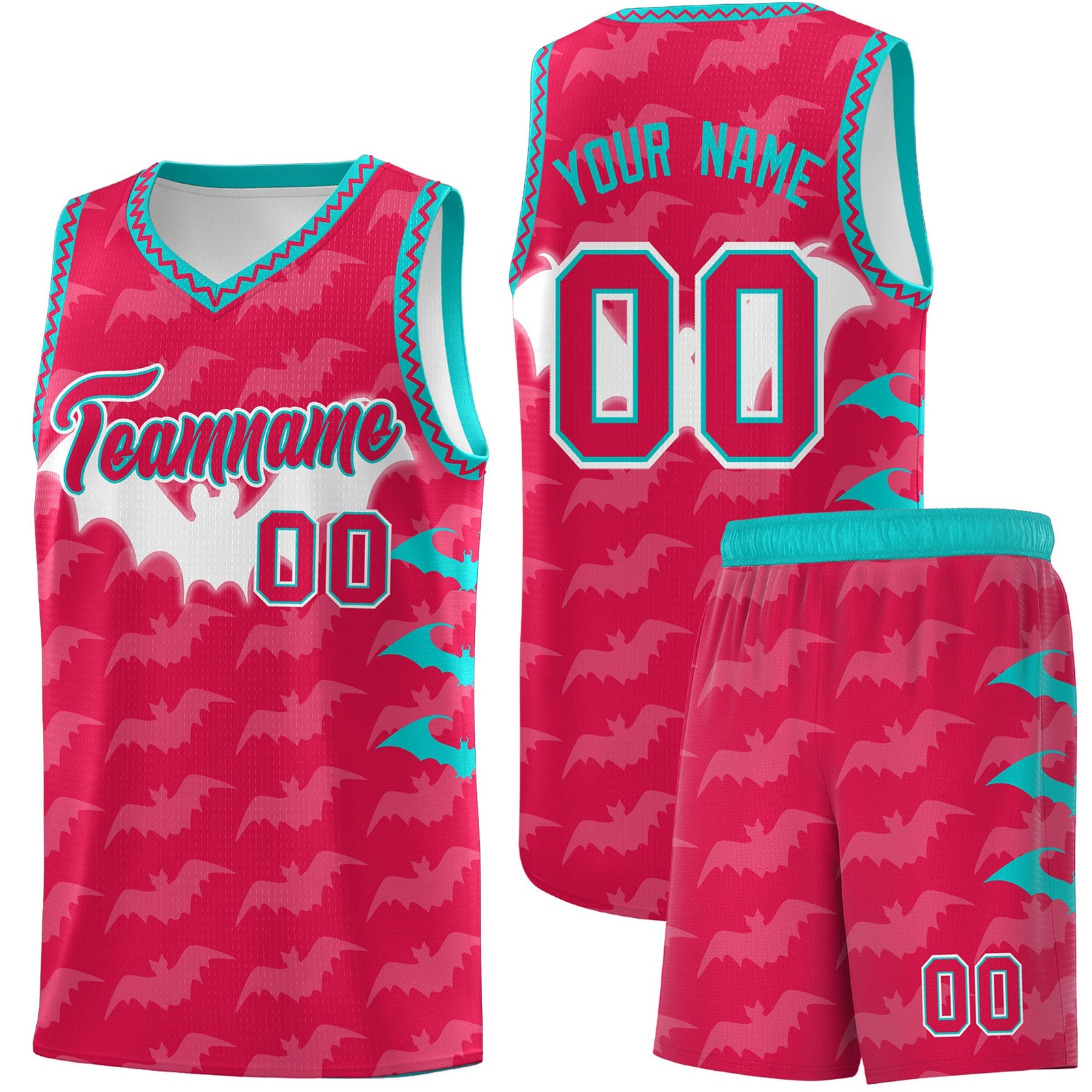 Custom Red White Aqua Bat Pattern Halloween Basketball Jersey | For Men,For Kid,For Youth,Sublimation Printed,Perfect for Training,Perfect for Parties,Add Name and Numbern | KXKSHOP