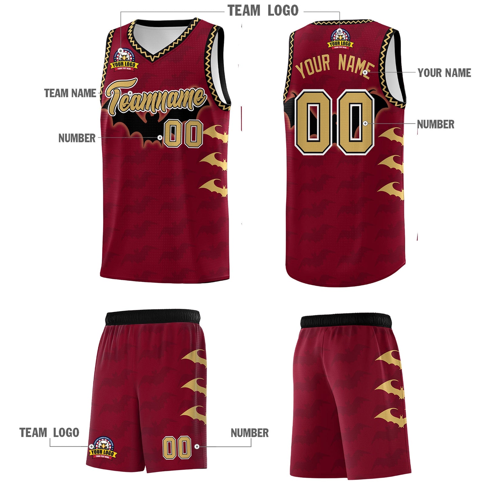 Custom Crimson Old Gold Bat Pattern Halloween Basketball Jersey | For Men,For Kid,For Youth,Sublimation Printed,Perfect for Training,Perfect for Parties,Add Name and Numbern | KXKSHOP