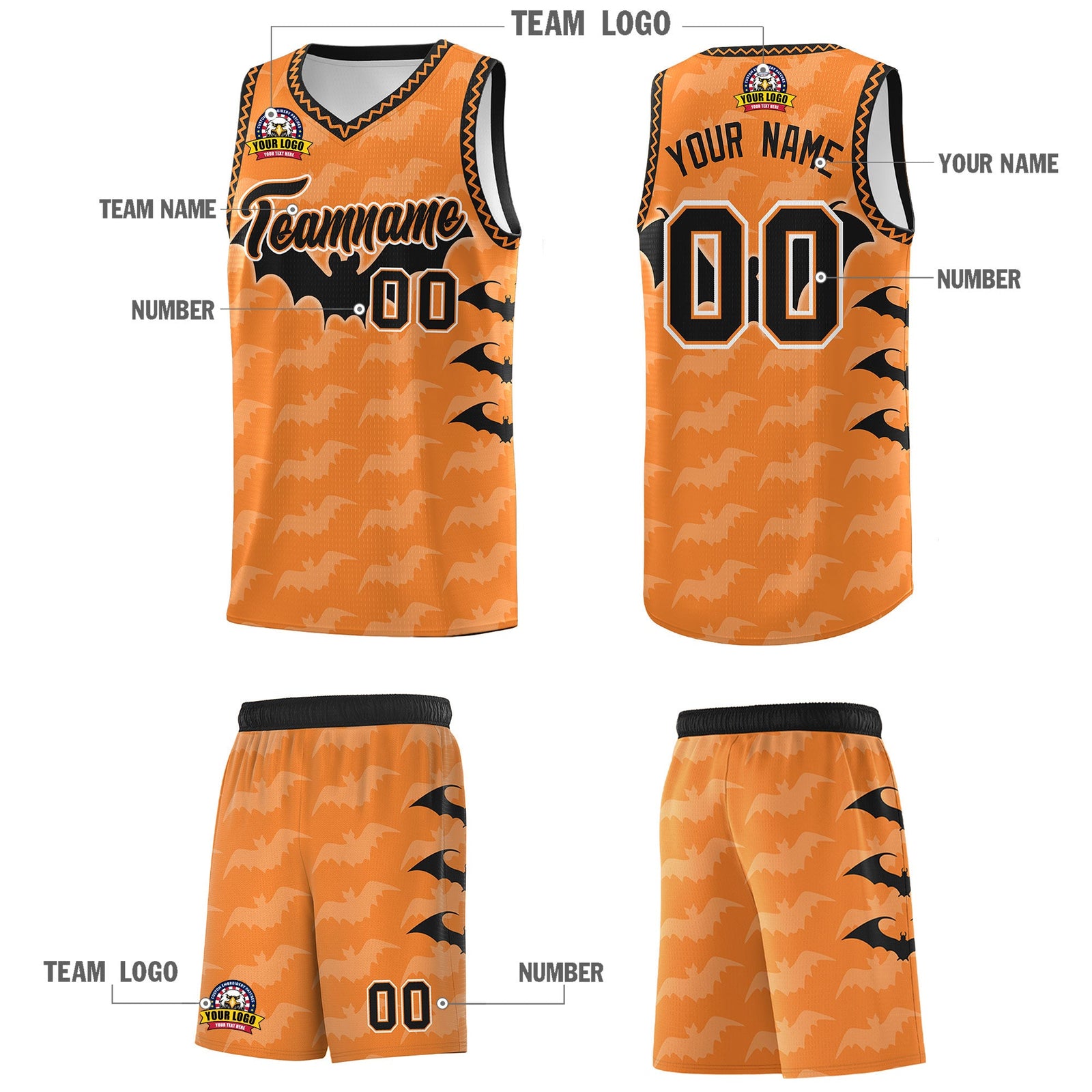 Custom Gold Orange Bat Pattern Halloween Basketball Jersey | For Men,For Kid,For Youth,Sublimation Printed,Perfect for Training,Perfect for Parties,Add Name and Numbern | KXKSHOP