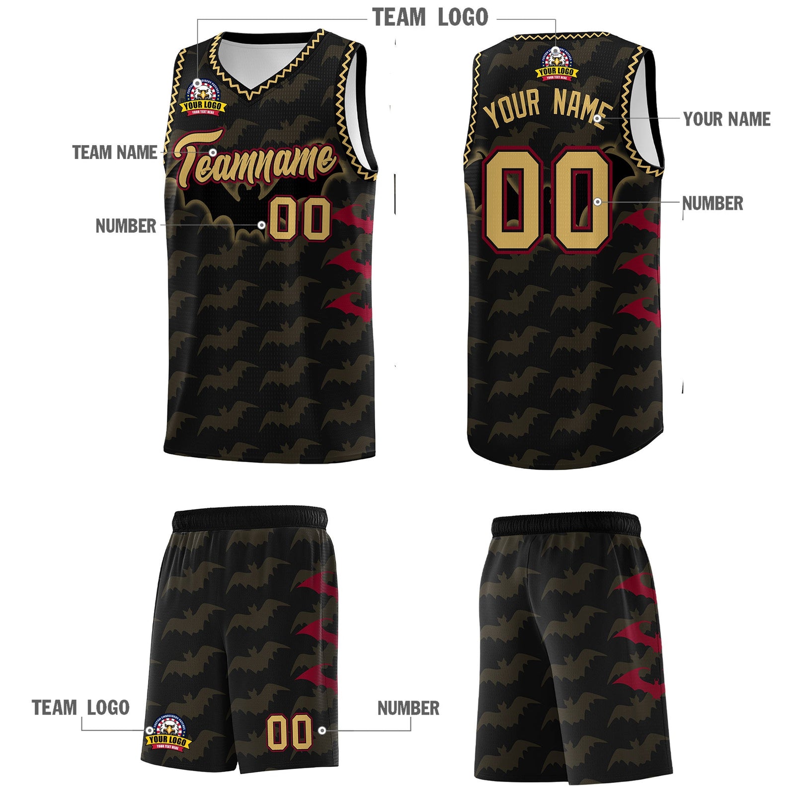 Custom Black Old Gold Crimson Bat Pattern Halloween Basketball Jersey | For Men,For Kid,For Youth,Sublimation Printed,Perfect for Training,Perfect for Parties,Add Name and Numbern | KXKSHOP