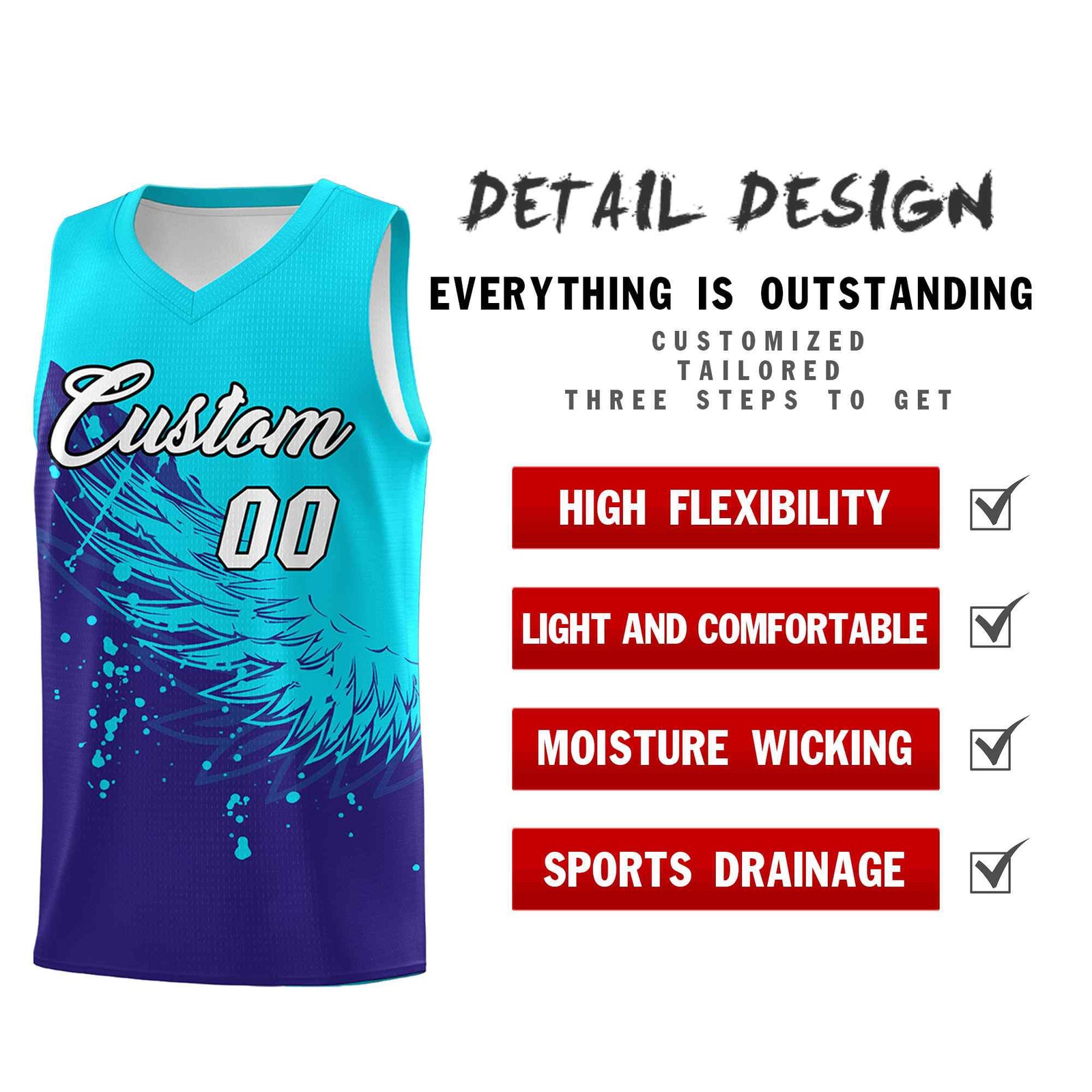 Custom Royal Sky Blue Wing Pattern Sports Uniform Basketball Jersey| KXKSHOP