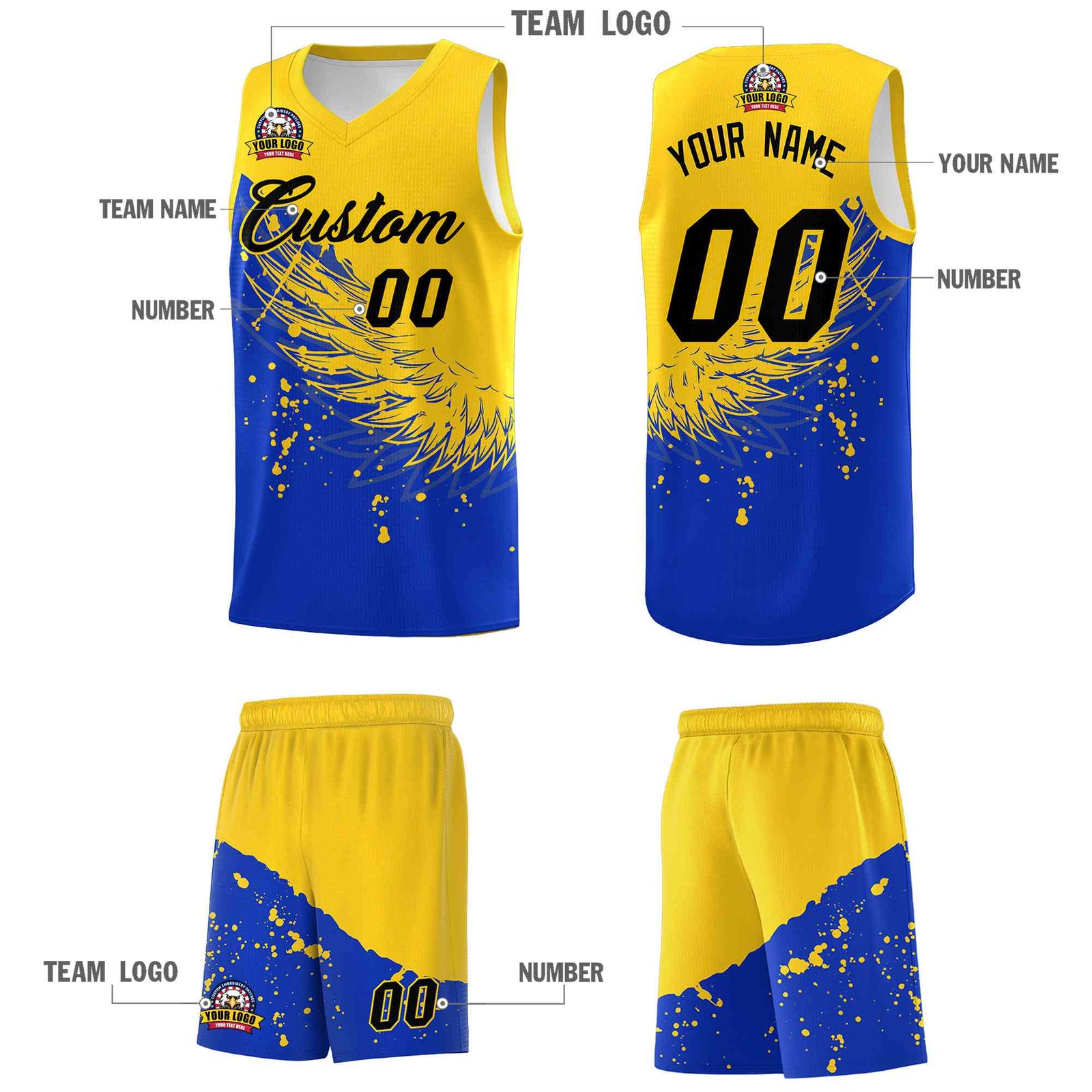 Custom Royal Gold Wing Pattern Sports Uniform Basketball Jersey